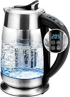 OVENTE Electric Glass Kettle Hot Water Boiler 1.8 Liter BPA Free - 1500W w/Stainless Steel Infuser, Set Temperature Control, Auto Shut Off, Portable Fast Instant Heater for Coffee & Tea - KG661S