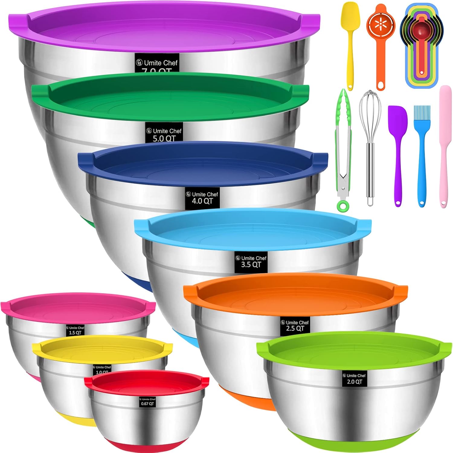 Umite Chef 22Pcs Mixing Bowls with Airtight Lids, Stainless Steel Nesting Mixing Bowls Set for Baking, Prepping, Non-slip Silicone Bottom, Colorful Bowls with Kitchen Gadgets for Mixing, Serving