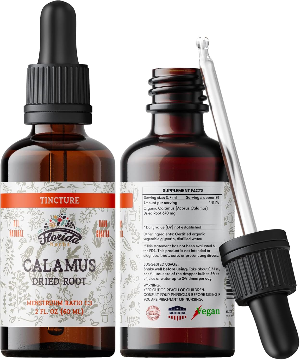 Calamus Tincture, Organic Calamus Extract (Acorus Calamus) Dried Root Herbal Supplement, Non-GMO in Cold-Pressed Organic Vegetable Glycerin, 700 mg, 2 oz (60 ml)