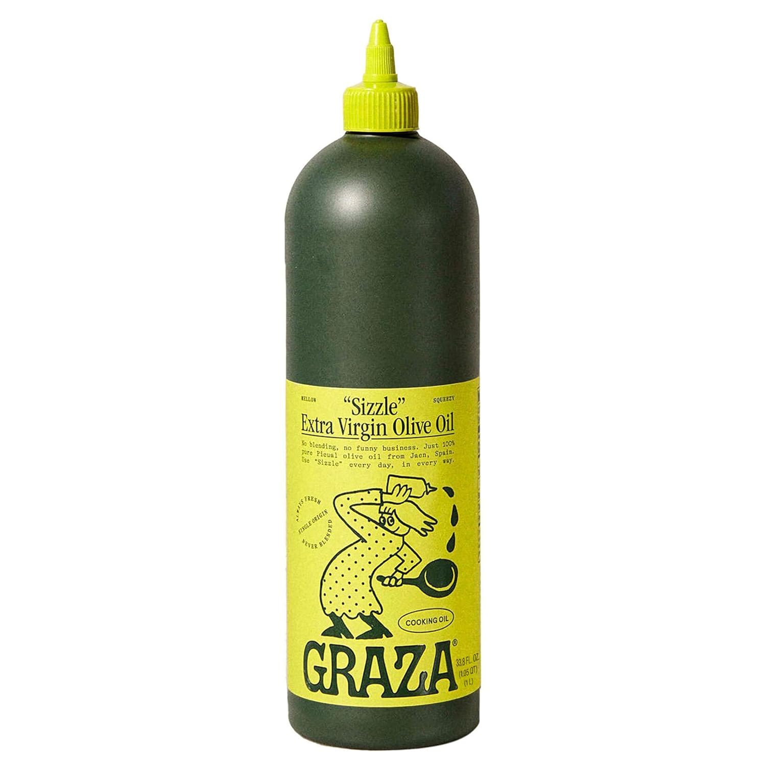 Graza Sizzle Extra Virgin Olive Oil, Cooking Oil - High Polyphenol Peak Harvest EVOO Cooking Oil in a Squeeze Bottle - Single Farm Olives from Spain - 33.8 Fl Oz (1L)