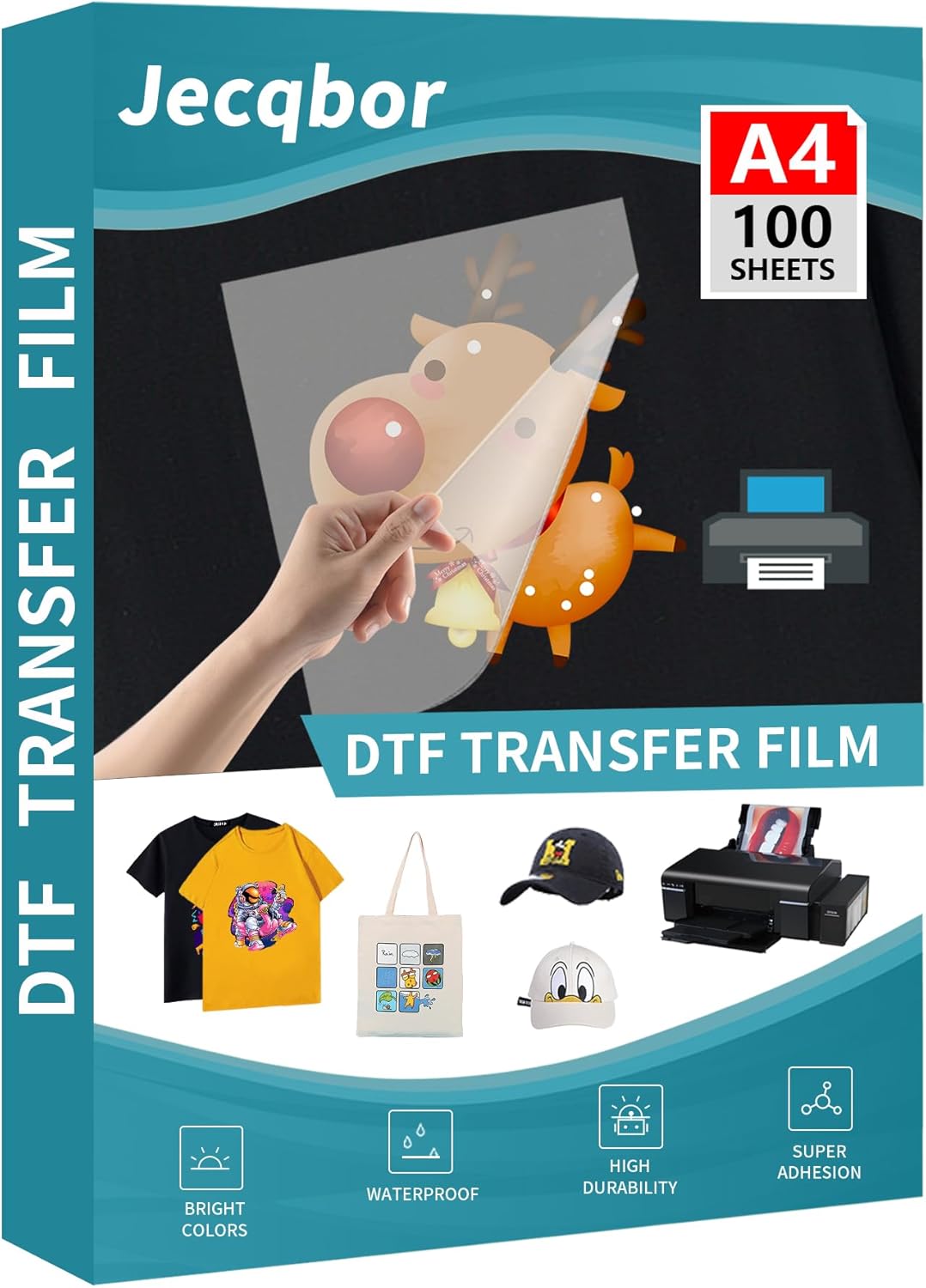 Jecqbor DTF Transfer Film Paper A4 100 Sheets, Double Sided Heat Transfer Paper, Thick Clear Pretreat PET Sheets for DTF Printer Direct Print On T-Shirts Textile (8.3" x 11.7")
