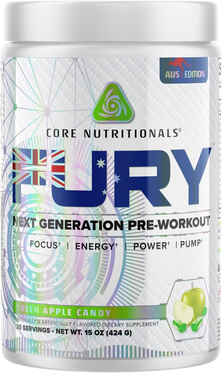 Core Nutritionals Fury Platinum Pre Workout Intensifier with 375mg Caffeine, 5G Creatine Monohydrate, 6G L-Citruline for Maximum Pump, Power, Focus and Energy, 20 Servings, (Green Apple Candy)