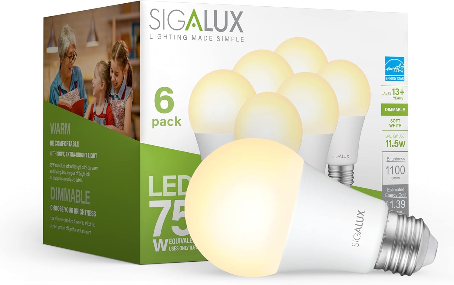 Sigalux A19 LED Light Bulb Energy Star Certified, 75 Watt Equivalent, Dimmable LED Bulb Soft White 2700K 1100LM 11.5W, E26 Standard Led Bulbs, UL Listed, 6 Pack,0075682701