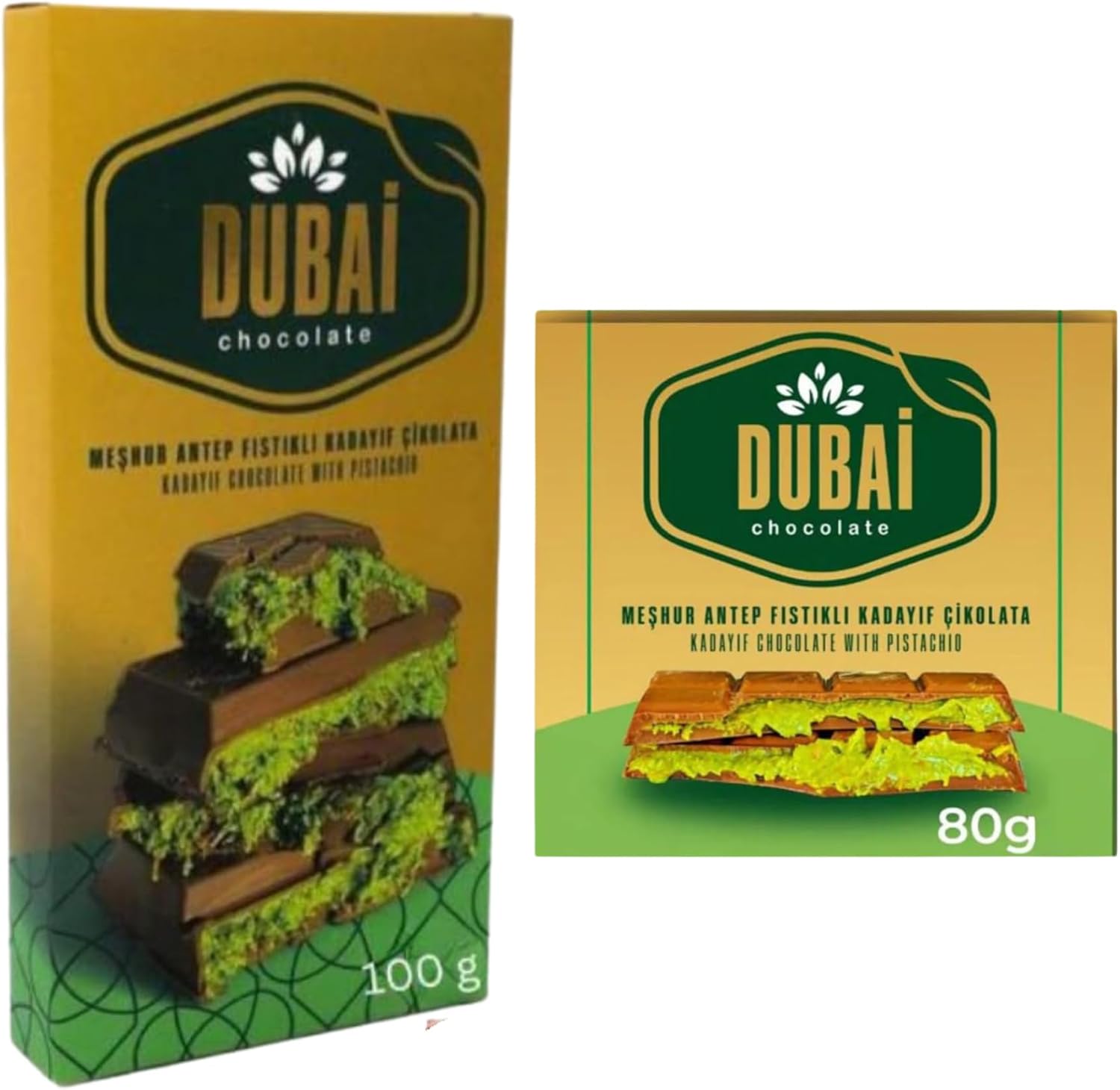 Dubai Chocolate Bar Pistachio Kunafa 100g & 80g Dubai Kunefe knafeh with Lots of Kadayi Pistachio Chocolates Small Gifts for Snack Treats Kids Family & Friend Pack of 2