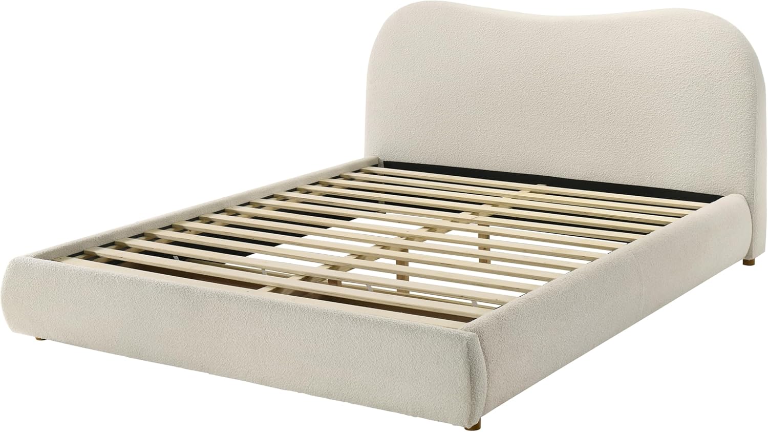 Furniture of America Lunaria Modern Boucle Platform Bed with Fully Upholstered, Curved Headboard, Built-in Footboard Drawer, No Box Spring Needed for Bedroom, Guest Room, King, White