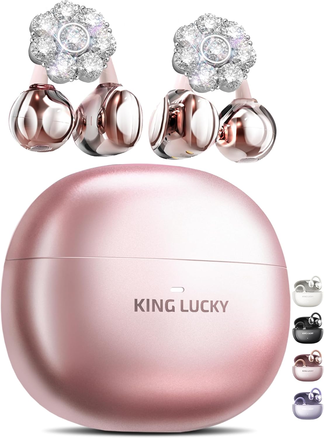 King Lucky Clip-on Earbuds Jewelry Wireless Bluetooth 5.4 Comfortable Open Ear Headphones with Detachable Flower Earrings,IPX5 Waterproof, 50H Play, for Women, Gift,Parties,Festival (Pink)