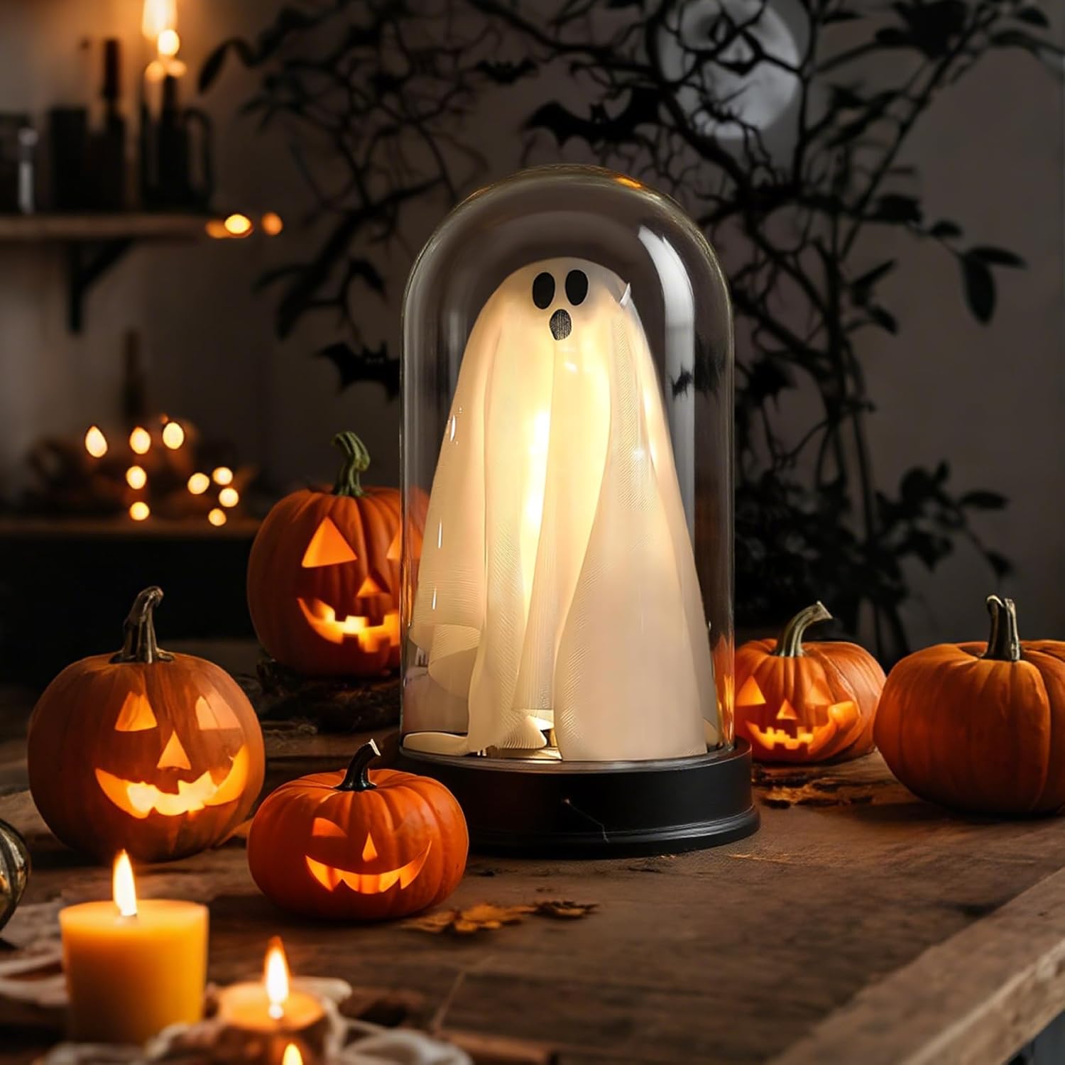 Light Up Ghost in Glass Cloche, Halloween Decorations Light Up Ghost Kit, Cute Ghost with Light for Home Kitchen Mantel Tabletop Party Decor and Holiday Decorations