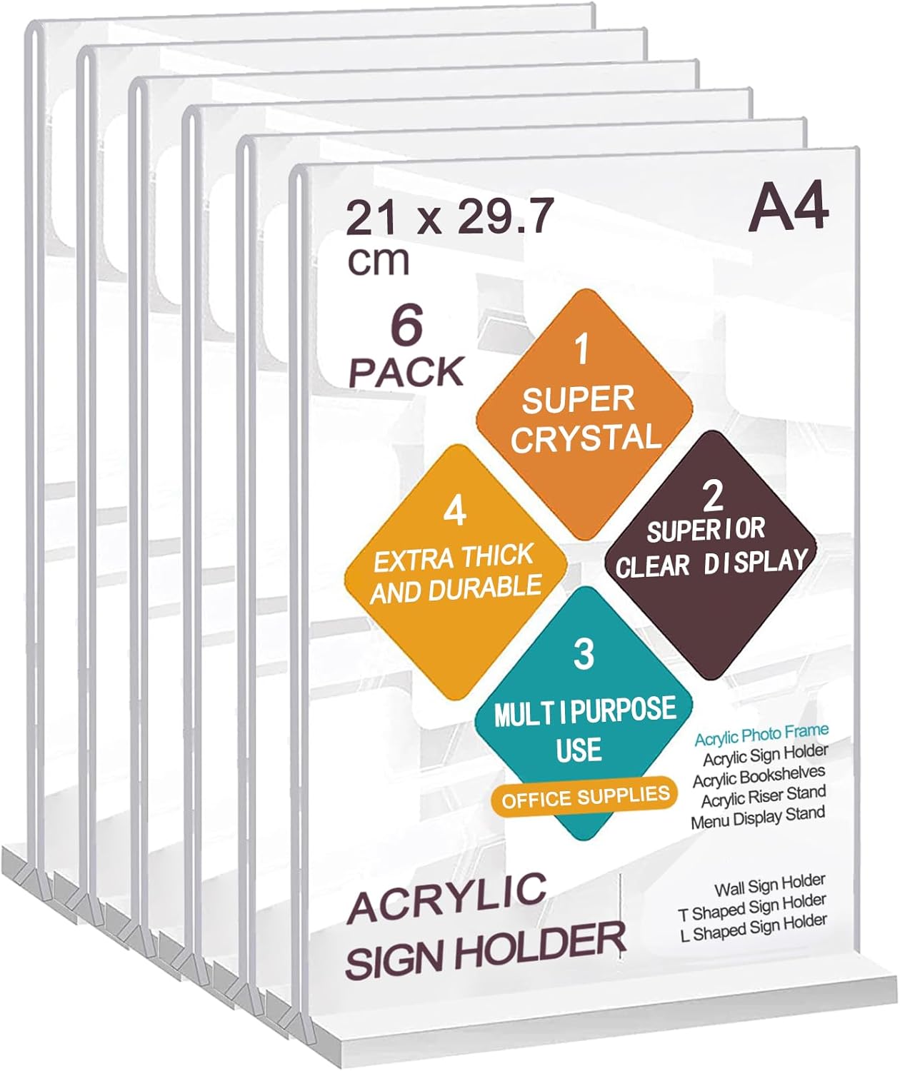 ROSSHINE A4 Acrylic Sign Holder, 6pack T-Shape Double-Side A4 Perspex Display Stand, Clear Poster Menu Holders for Office Shop Restaurant School