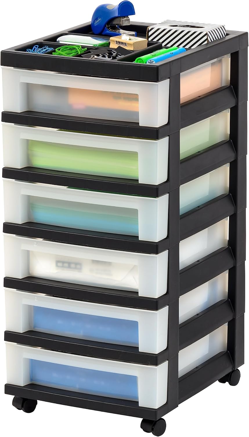 IRIS USA Plastic Drawer Storage Organizer Rolling Cart, with Wheels Casters, 6-Drawers, for Classroom Art Craft Supplies Dresser Closet Bathroom Dorm Bedroom Laundry Room, Black/Pearl