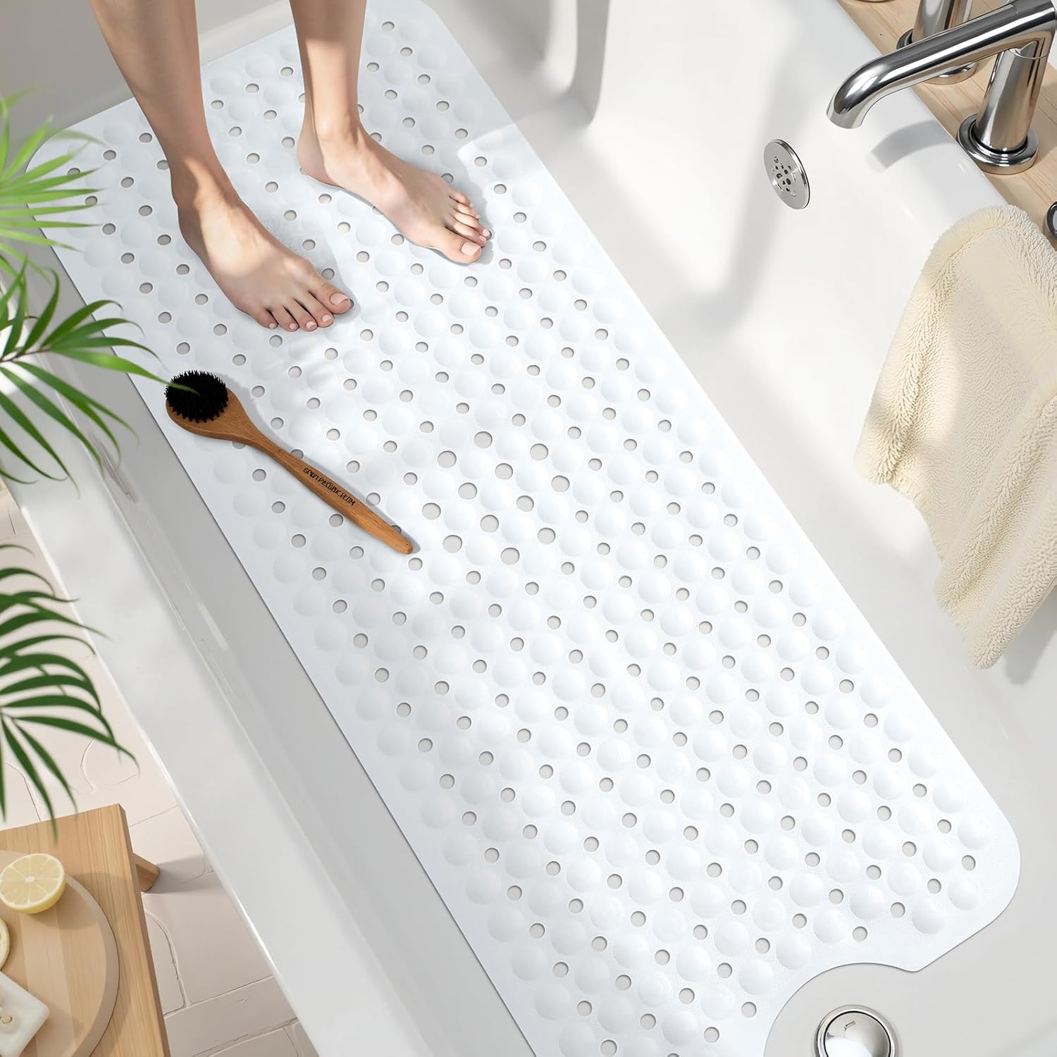 Smiry Non Slip Bath Mat, 100x40cm Extra Long Soft Bathtub Mat with 300 Strong Suction Cups & Drain Holes, Machine Washable Skin-Safe Bathroom Shower Mat, White