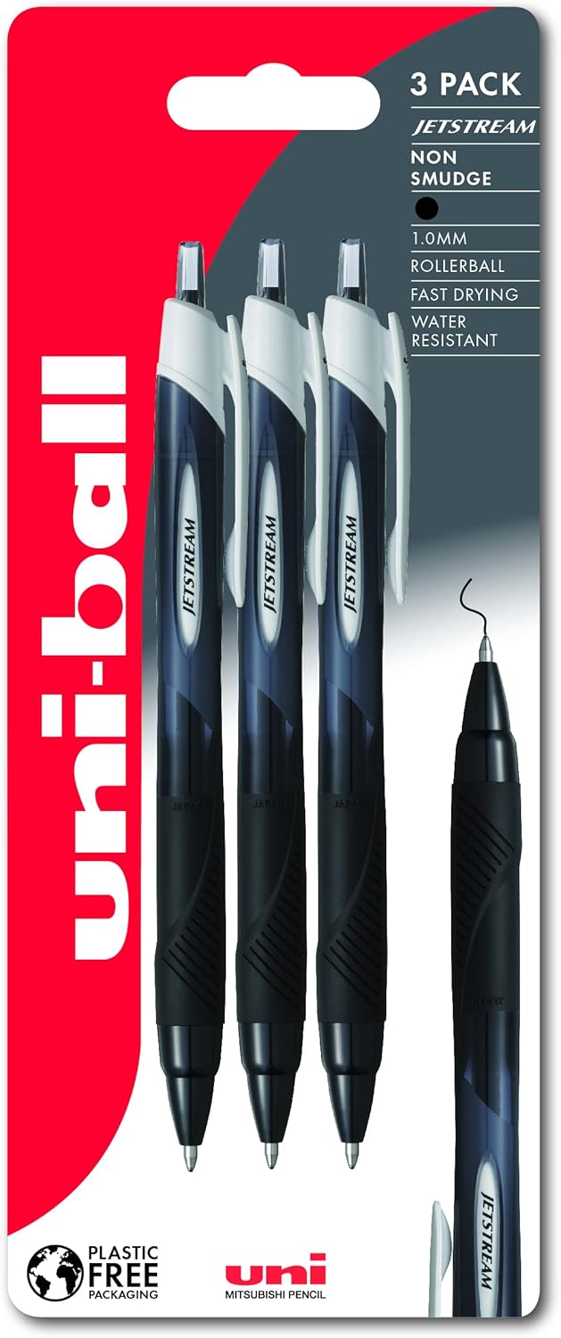 uni-ball Jetstream Sport SXN-150S Ballpoint Gel Pens. Premium 1.0mm Rollerball Tip. Smooth Writing Black Uni Super Ink Dries Instantly. Pack of 3 in Plastic Free Packaging