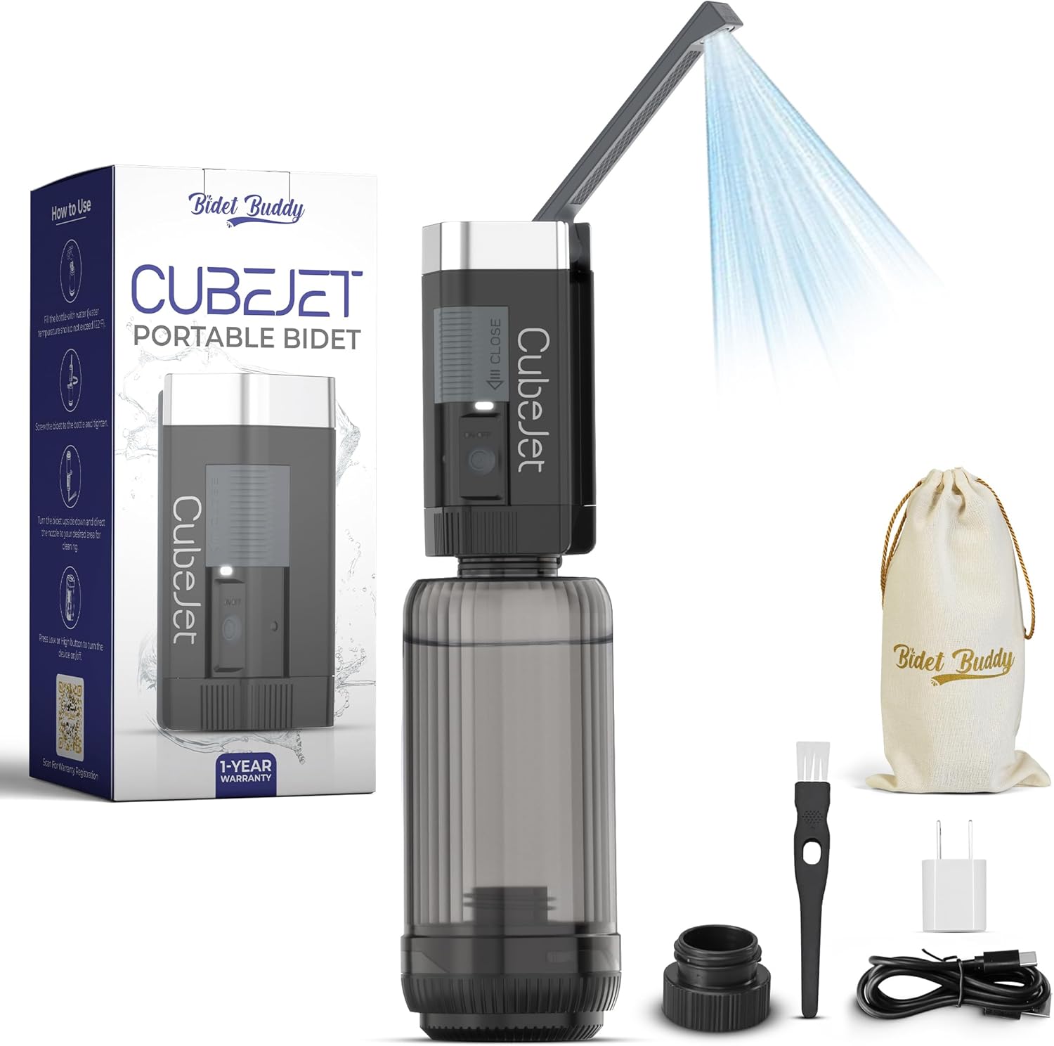 BIDET BUDDY® CubeJet Portable Bidet for Travel | 650ml/min Ultra High Flow | 1100mAh Battery | 380ML Bottle | IPX6 Waterproof | USB-C Charging | Compact & High-Powered with Strong Pressure (Black)