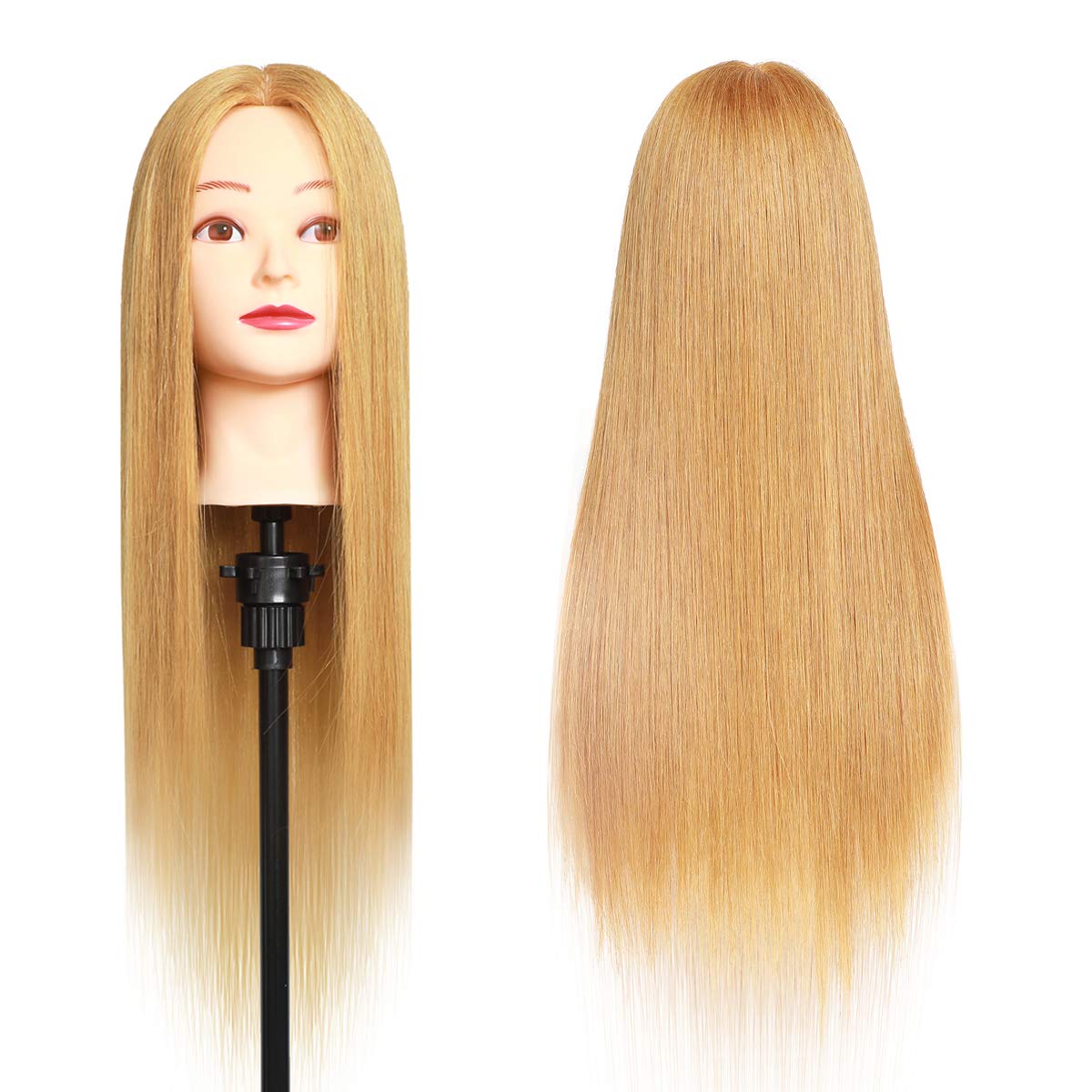 Mannequin Head 100% Real Hair Styling Training 24-27inch Manikin Cosmetology Hairdressing Doll With Free Clamp Female+Braid Set (27#)