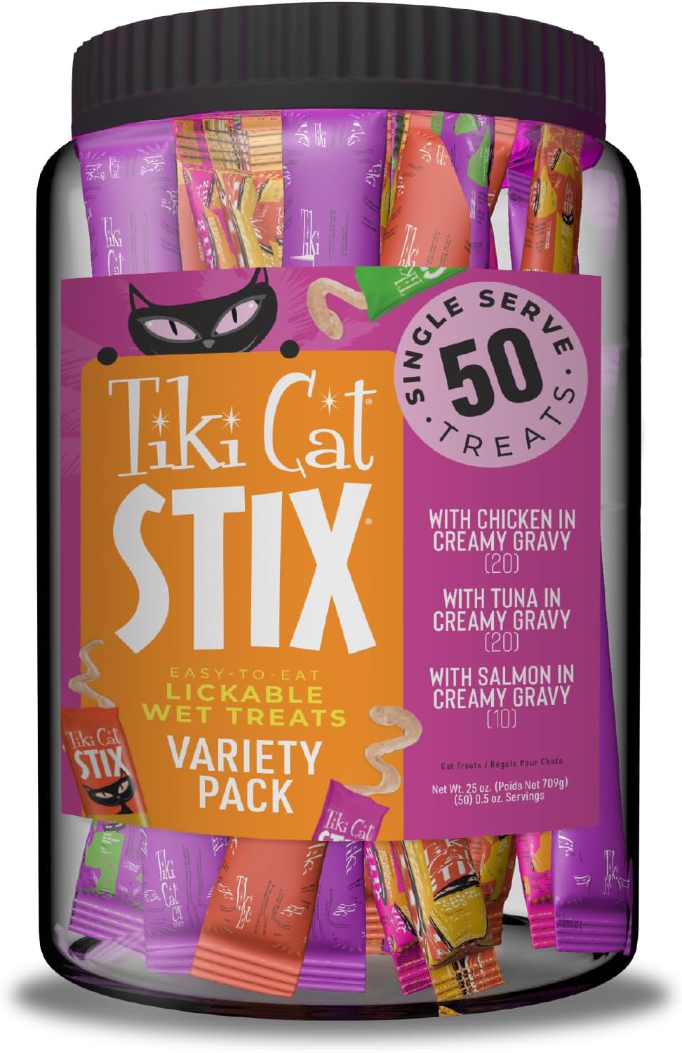 Tiki Cat Stix Wet Cat Treats, Variety Mega Jar, 0.5 oz. Servings, 50 Count