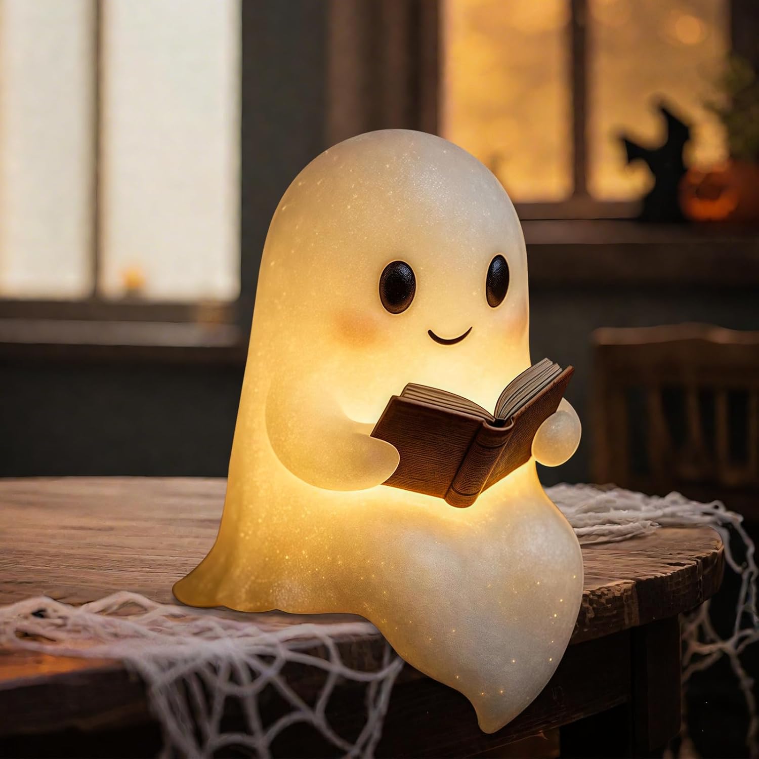 QETRABONE Halloween Ghost Reading Book Lamp, Funny Ghost Figurine Statue, Halloween Decoration for Gift Props Tabletop Bookshelf Home Decor
