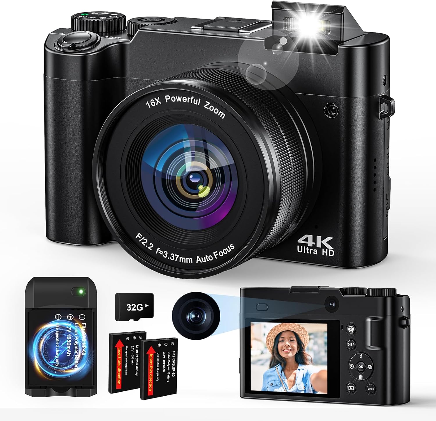 Digital Camera, 4K 64MP Camera for Photography Autofocus Selfie Camera, Vlogging Camera for Youtube with Anti-shake Flash Light 16X Digital Zoom 32G Memory Card