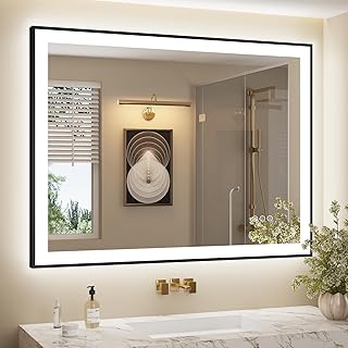 44x36 LED Lighted Bathroom Mirror, Black Frame Vanity Mirrors with Lights, 3 Colors, Anti-Fog, Shatterproof, Independent Backlit+Front Lights, Memory, ETL Listed