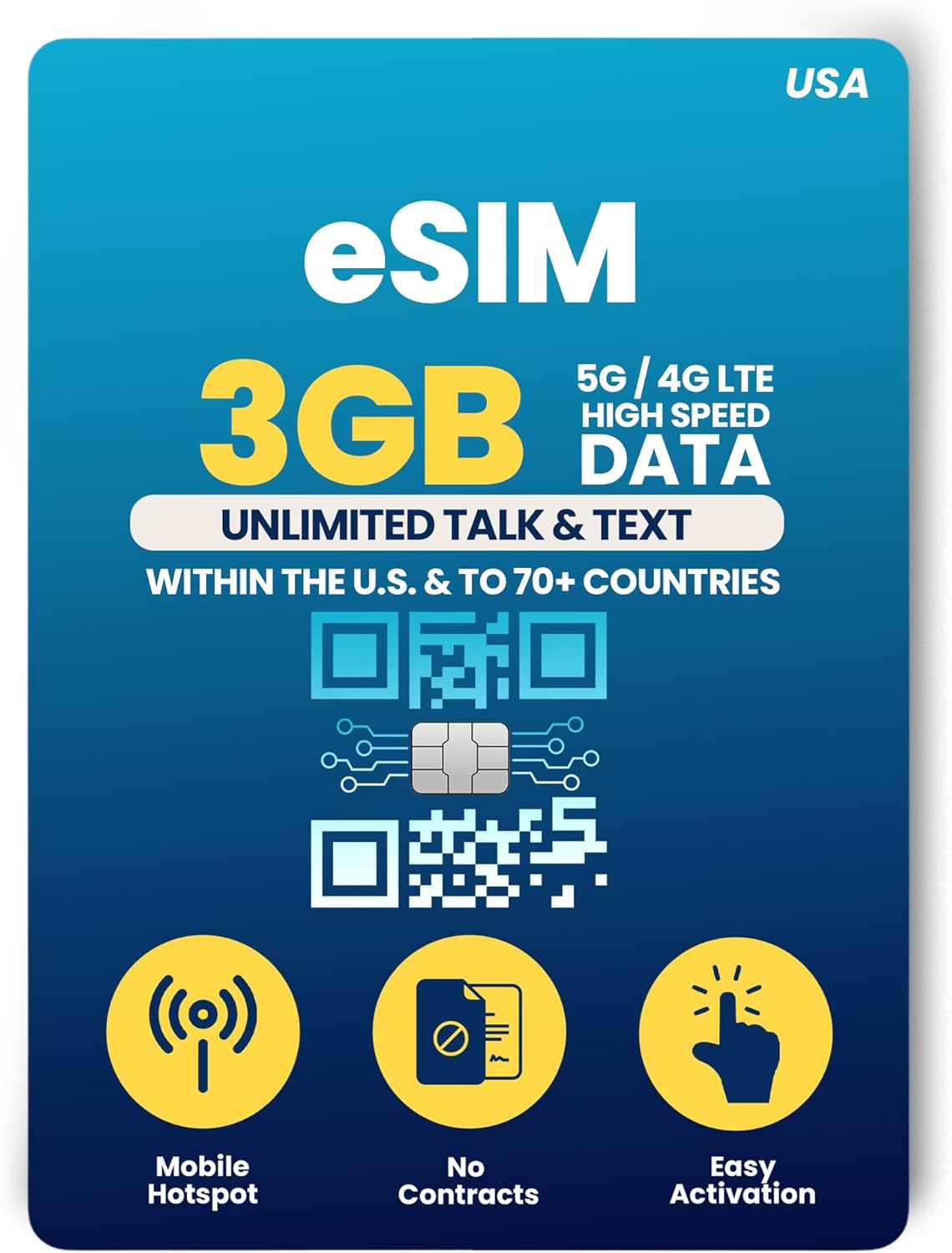 H2O Wireless 120-Day USA eSIM, Prepaid eSIM Card with 3GB High-Speed 4G LTE/5G Data & 2GB Mobile Hotspot, Unlimited Data, Talk & Text to 70+ Countries, US Mobile SIM Card for Cell Phones