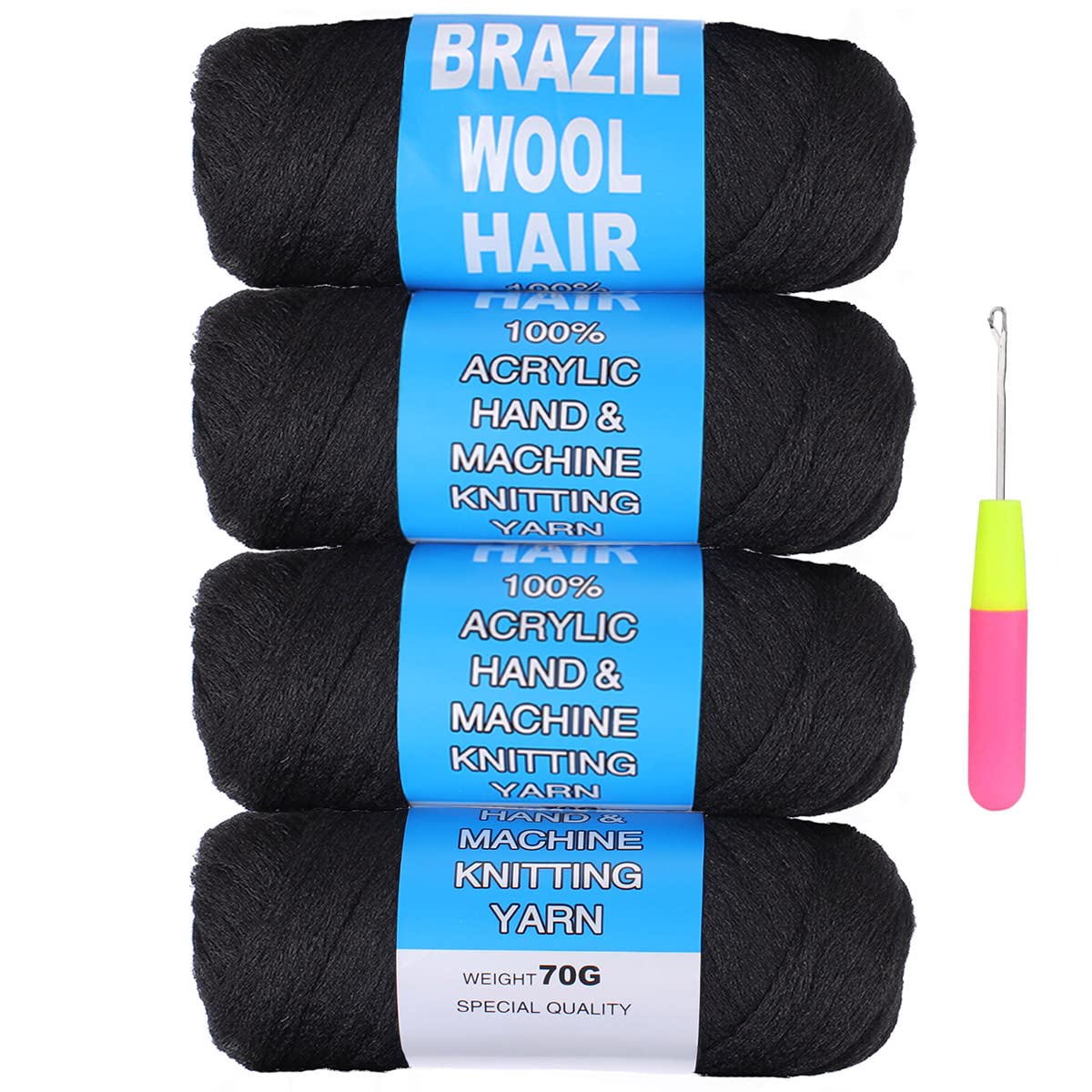 COOKOO 4 Roll Natural Black Brazilian Wool Hair for African Crochet Braids Senegalese Twist Soft Faux locs Jumbo Braids Goddess Locs Synthetic Hair Extensions for Women 70G/Roll(1B#)