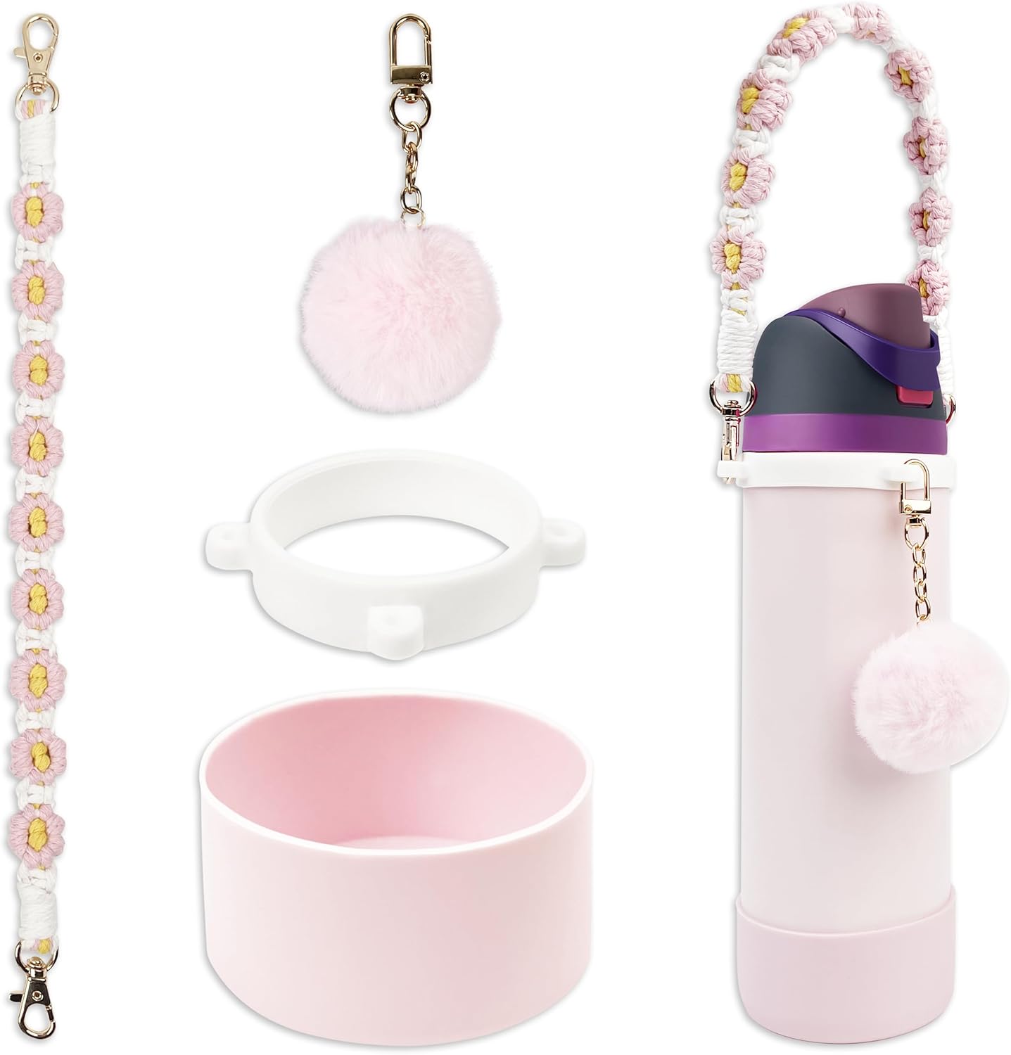 Silicone Boot Set for Owala Water Bottle 24 oz, 32 oz, 40 oz - with Fluffy Pom-Pom Charms & Water Bottle Handle Strap, Perfect Owala Accessories, Fits Owala Tumbler, Owala FreeSip, Owala Candy Coated