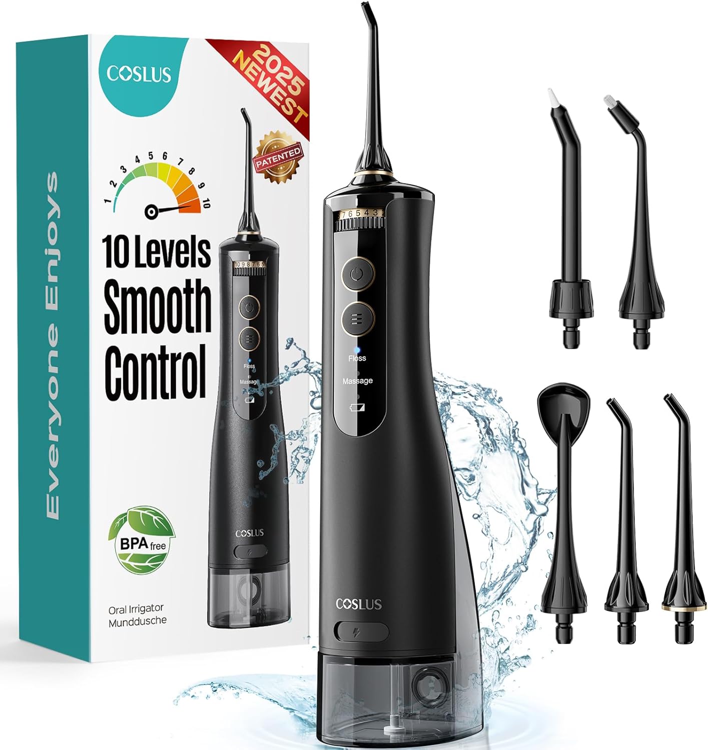 COSLUS Cordless Water Flosser & Dental Pick for Teeth, Braces, Gums Care - Advanced 10 Pressure Settings for Multiple Users, Rechargeable, Portable for Travel, BPA-Free, Black, E40(WFP14)