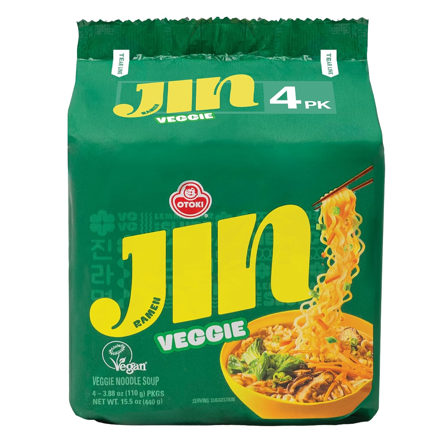 OTOKI Jin Ramen Veggie Korean Vegan Instant Ramen, Plant-Based Vegetable Broth, Savory & Umami Flavor, Ready in 4 Minutes, 4.23 oz (Pack of 4)