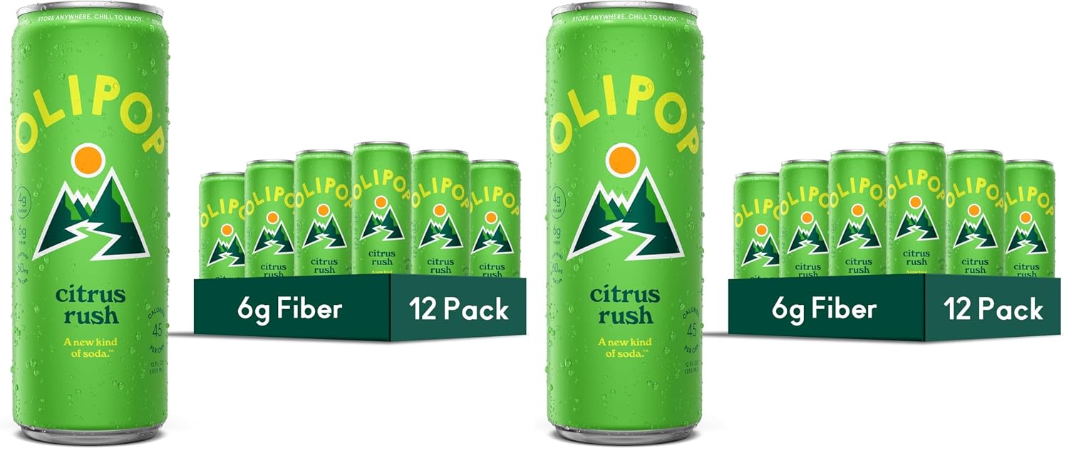 OLIPOP Sparkling Prebiotic Soda,Ridge Rush,Pantry Pack Packed with Prebiotics,Fiber,and Botanicals,Gluten Free,Vegan,GMO Free,12oz Skinny Can,(Pack of 24)
