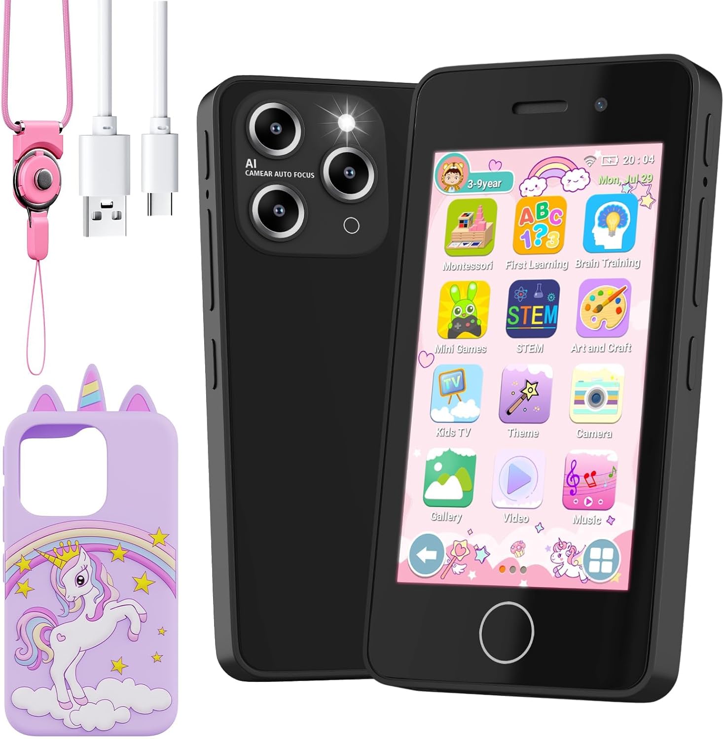 Kids Smart Phone for Girls, 4.0" Touchscreen Learning Music Puzzle-Games Toddler Phone for Kids Ages 3-9, Dual Camera，Built-in 8G SD Card Kids Phone Toy, Gifts for Kids Cell Phone Toy, Mauve Purple