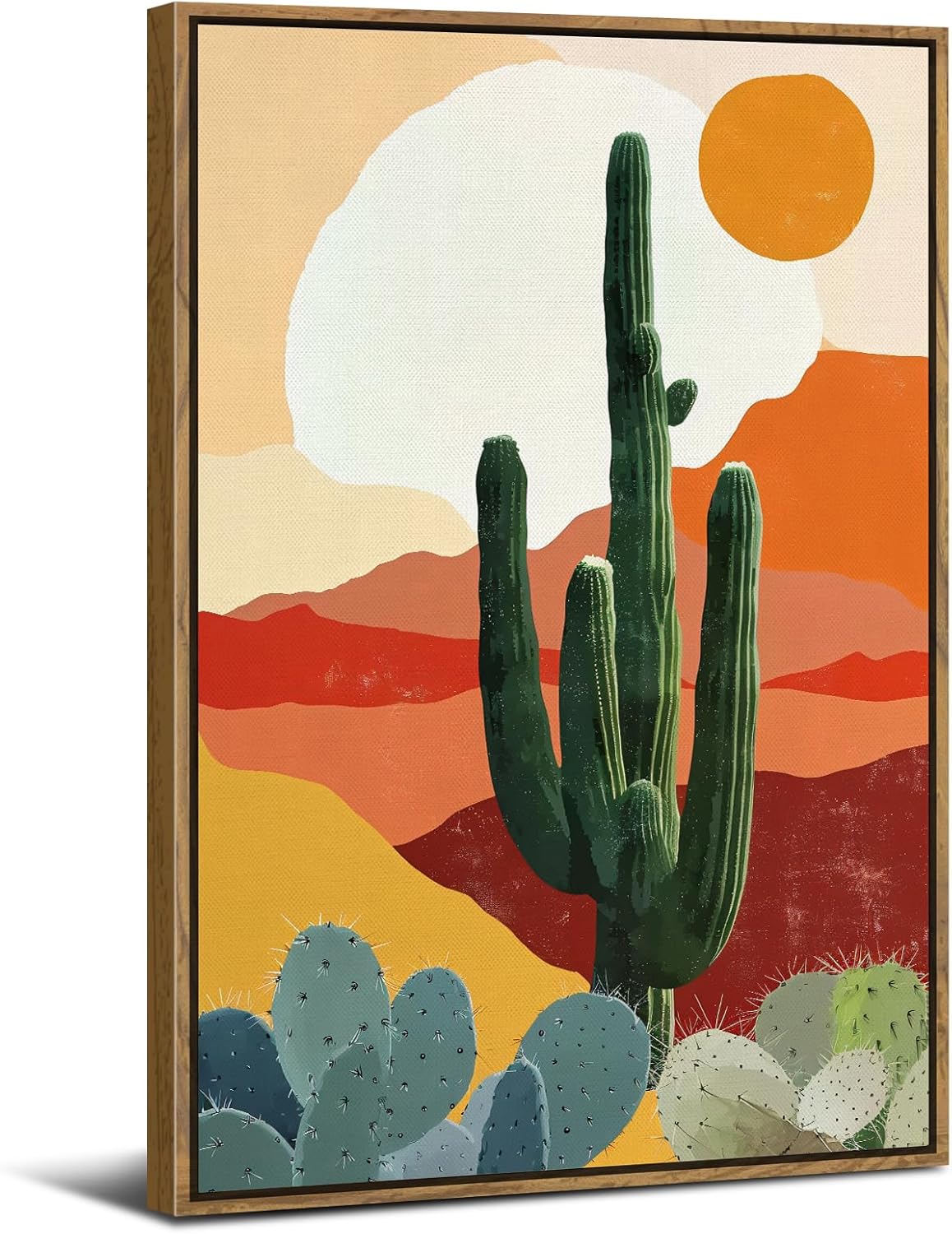 Boho Wall Art Wooden Framed Canvas Picture for Living Room Bathroom Modern Abstract Painting Wall Decor Bohemian Art Prints Sunset Cactus Desert Landscape Poster Bedroom Artwork Decoration 30x40CM