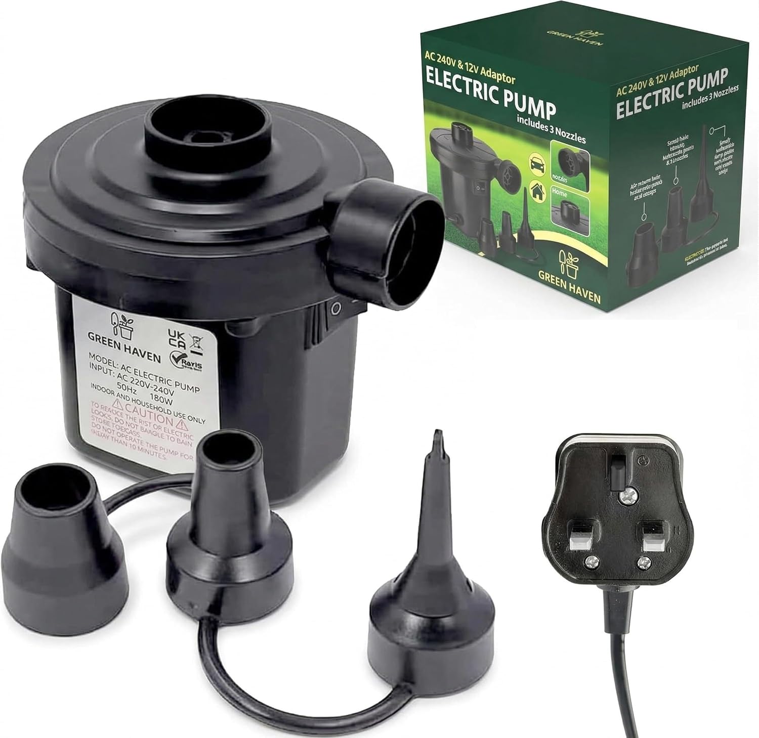 GREEN HAVEN Electric Air Pump for Inflatables – Fast Inflate & Deflate with 3 Nozzles | AC Pump for Air Beds, Camping, Paddling Pools | 240V 150W