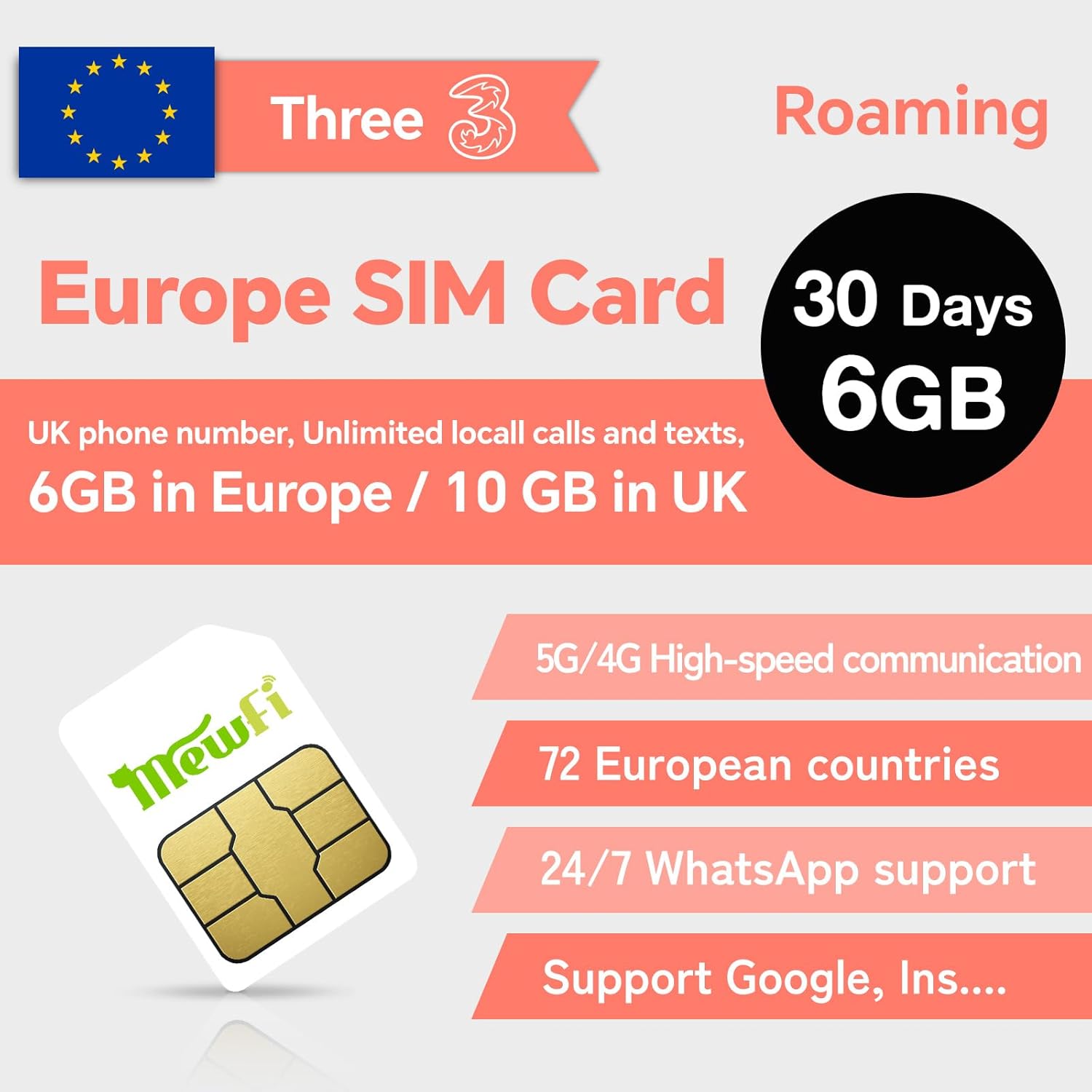 Prepaid Europe Sim Card 30 Days EU 6GB / UK 10GB Unlimited Local Calls and SMS Activation Required & 24/7 Whatsapp Support UK Three SIM Card Applicable to 72 Countries