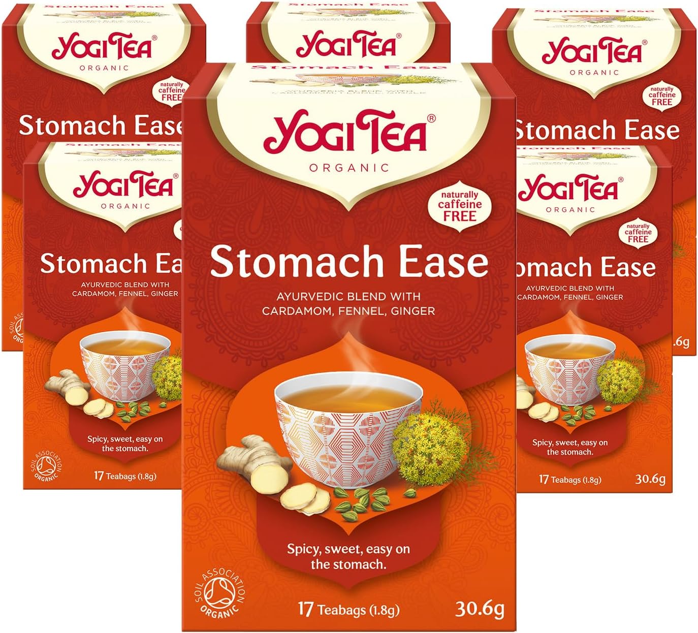Yogi Tea, Stomach Ease, Organic Herbal Tea, Naturally Caffeine Free, Blend of Cardamom, Fennel and Ginger, 6 Packs x 17 Tea Bags (102 Teabags Total)