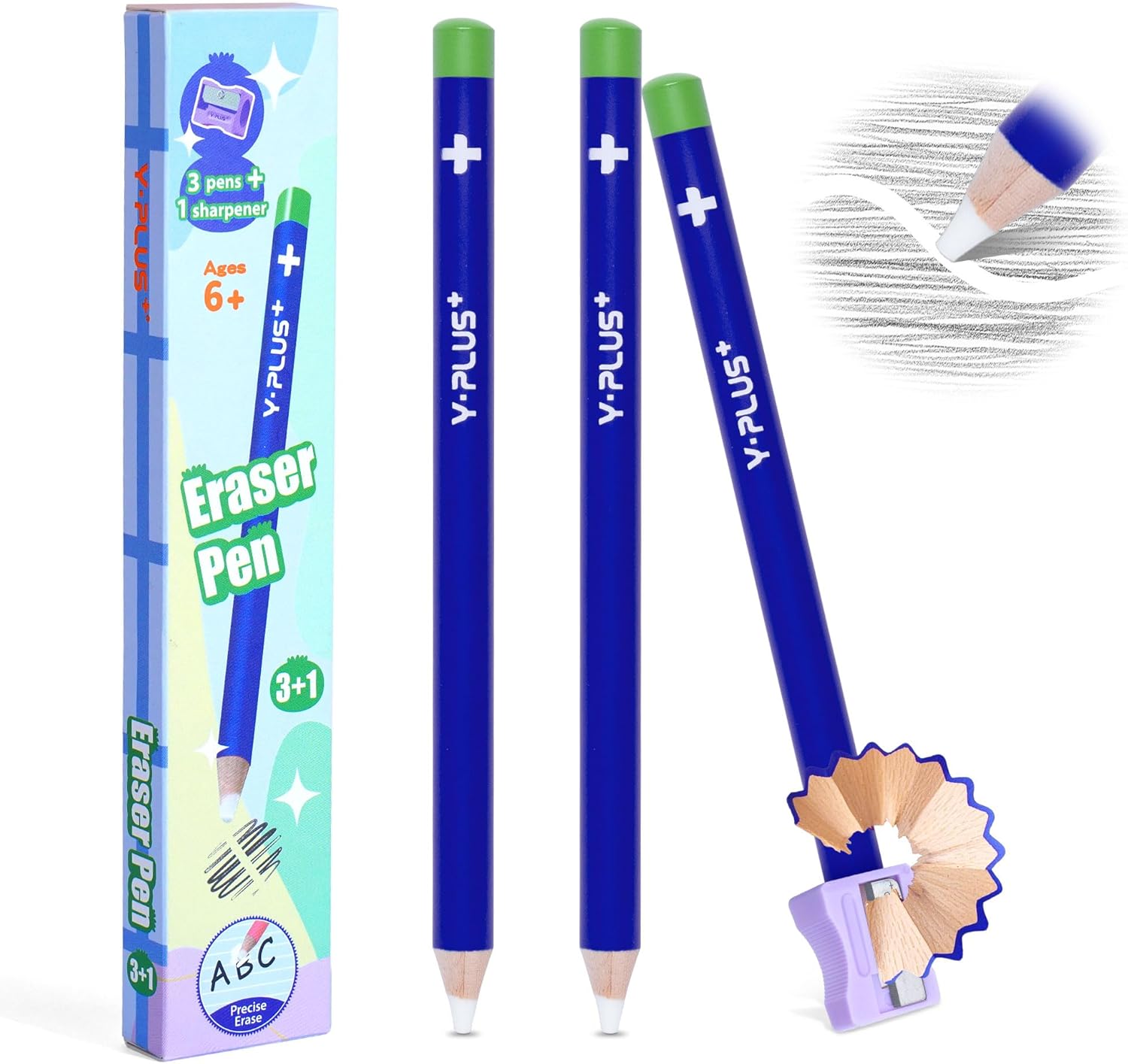 YPLUS Detail Eraser Pencils, Fine Detail Eraser with Sharpener, Perfect for Sketching, Charcoal Drawings, Colored Pencils Erasing & Geometry Corrections, Blue (3-Pack)