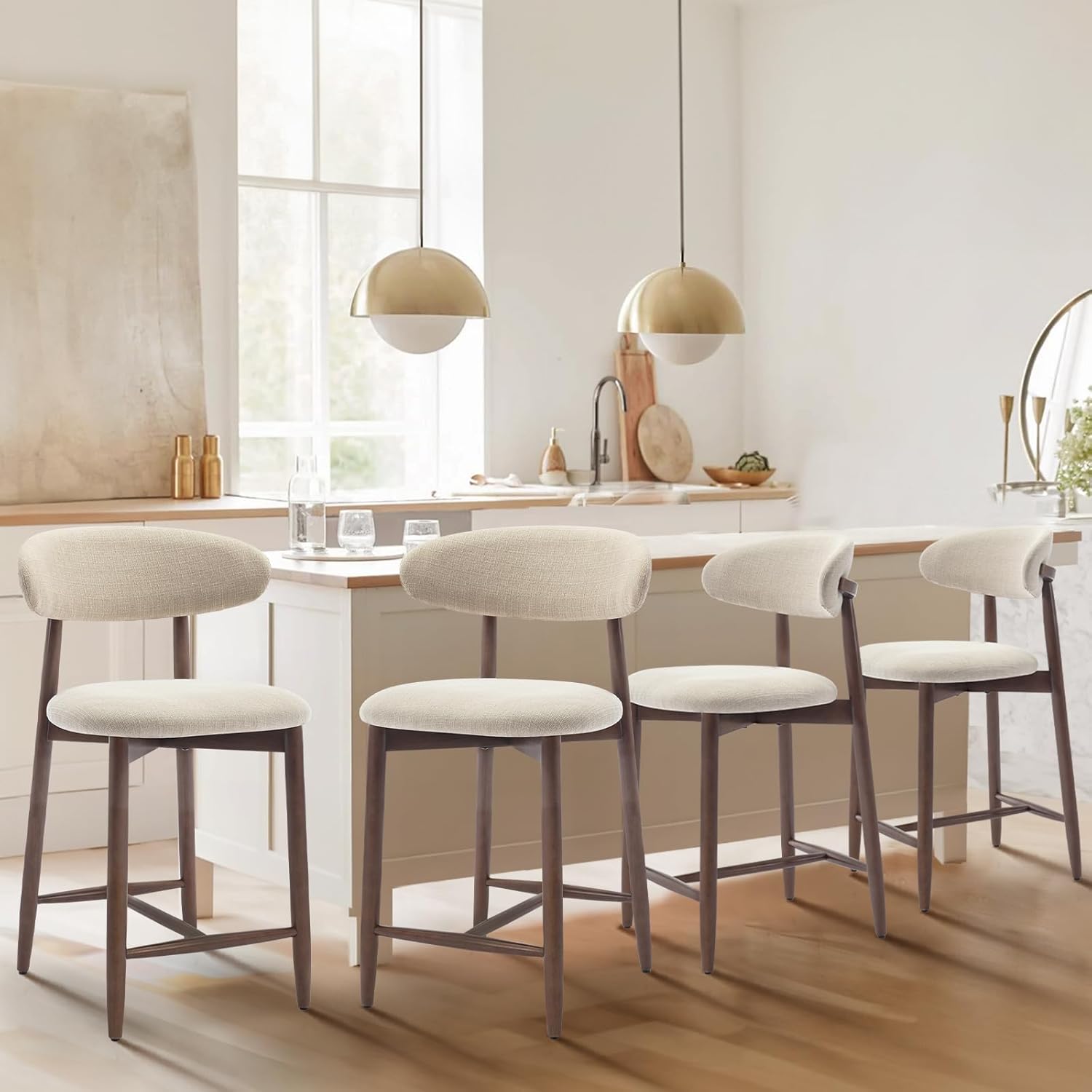 COLAMY Counter Height Bar Stools Set of 4, Kitchen Bar Stools with Back, Mid Century Modern Upholstered, with Wood Legs for Kitchen Island Dining Room, Beige