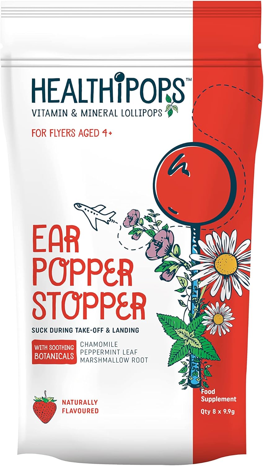 Healthipops Vitamin & Mineral Lollipops Ear Popper Stopper Suitable for Ages 4+ with Added Soothing Botanicals, Chamomile, Peppermint Leaf and Marshmallow Root, Strawberry Flavour 8 Lollipops
