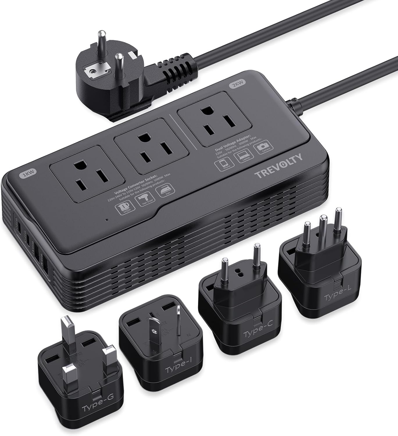 2000W Voltage Converter US to Europe for Hair Dryers, 7-in-1 220V to 110V Converter for European Travel with 3 AC/2 USBA/2 USBC Ports, Universal Power Converter Adapter Combo EU/UK/IT/AU Plug