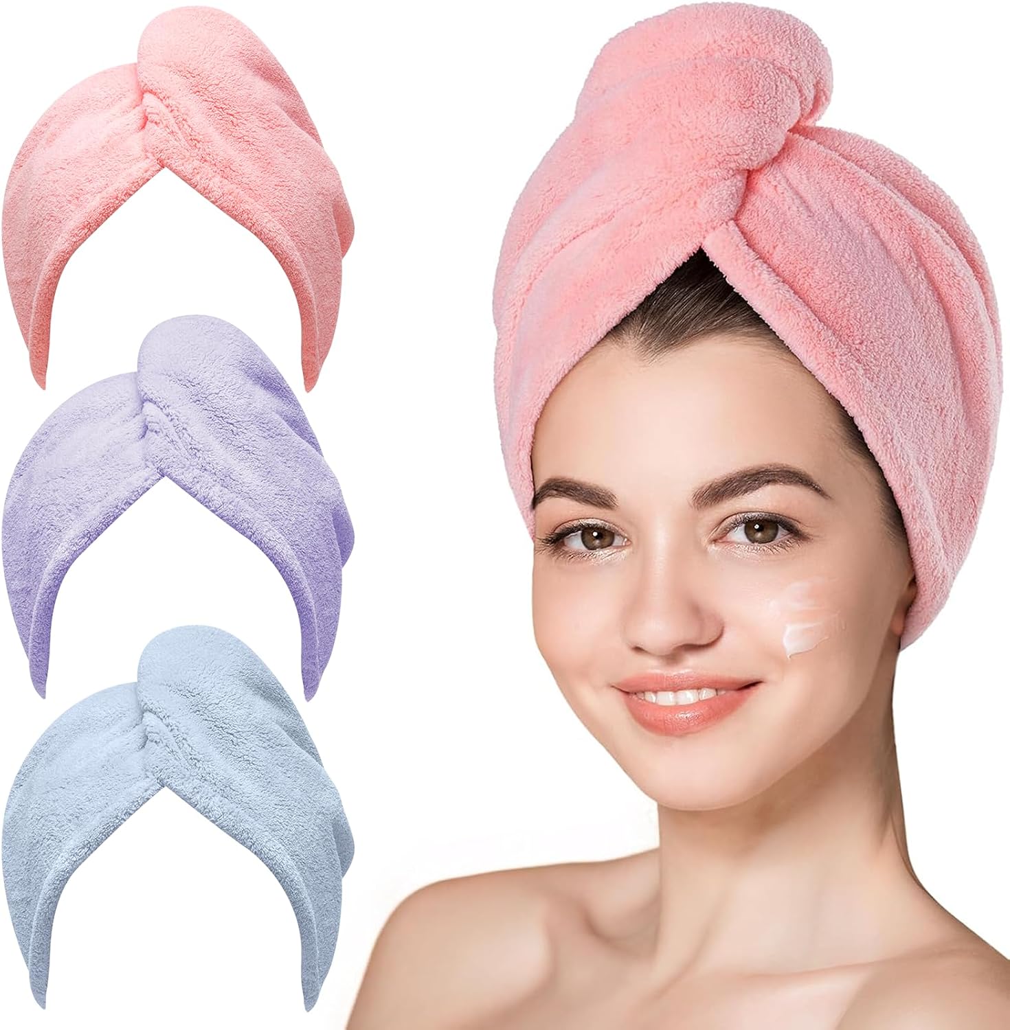 Hicober Microfiber Hair Towel Wrap for Women, Pink Blue Purple, 3-Pack