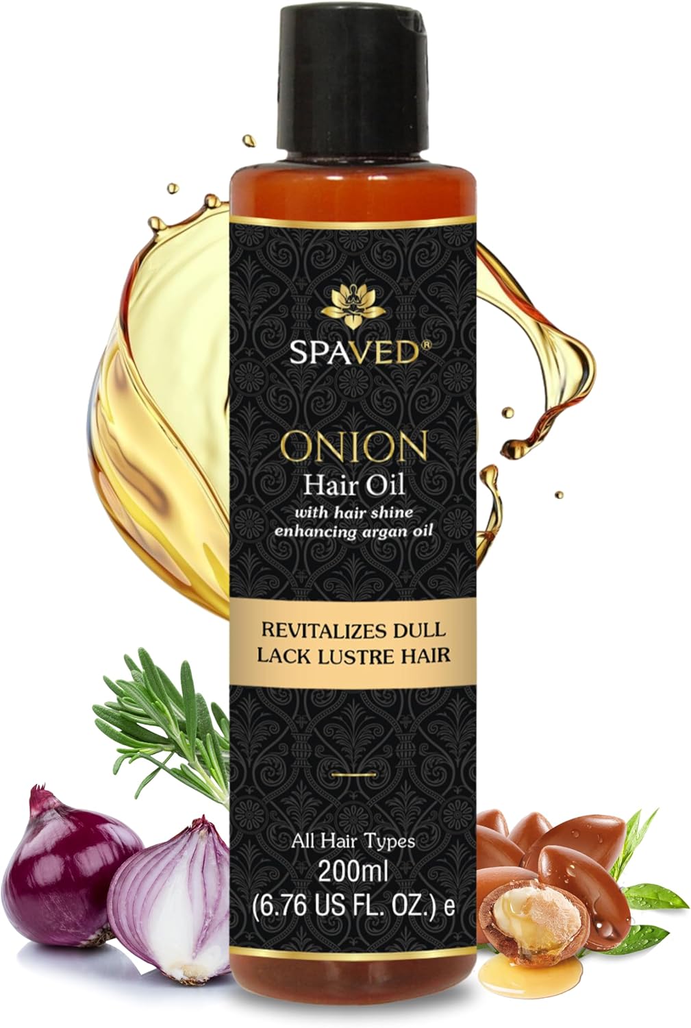 SpaVed Onion Hair Oil with Rosemary & Argan– Natural Hair Growth & Dandruff Treatment with Vitamin E, Jojoba, Argan – Itchy Scalp & Hair Fall Control – Paraben-Free,Sulfate- Free 200ml