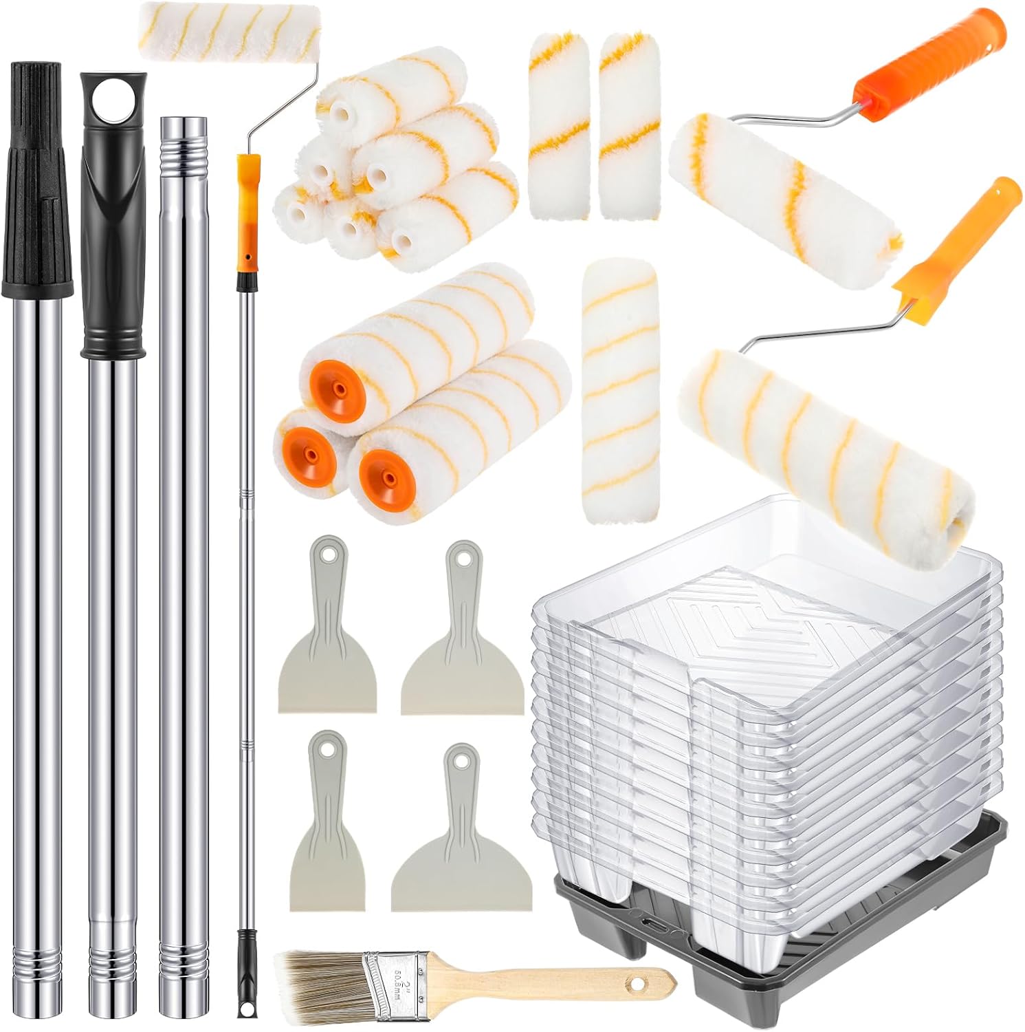 Qilery 31 Pcs 4" 9" Paint Roller Kit with Extension Pole Roller Include 4" 9" Paint Rollers and Brush Holder Tray with Disposable Liners Angled Brush Cleaning Knives for Home Improvement Supplies