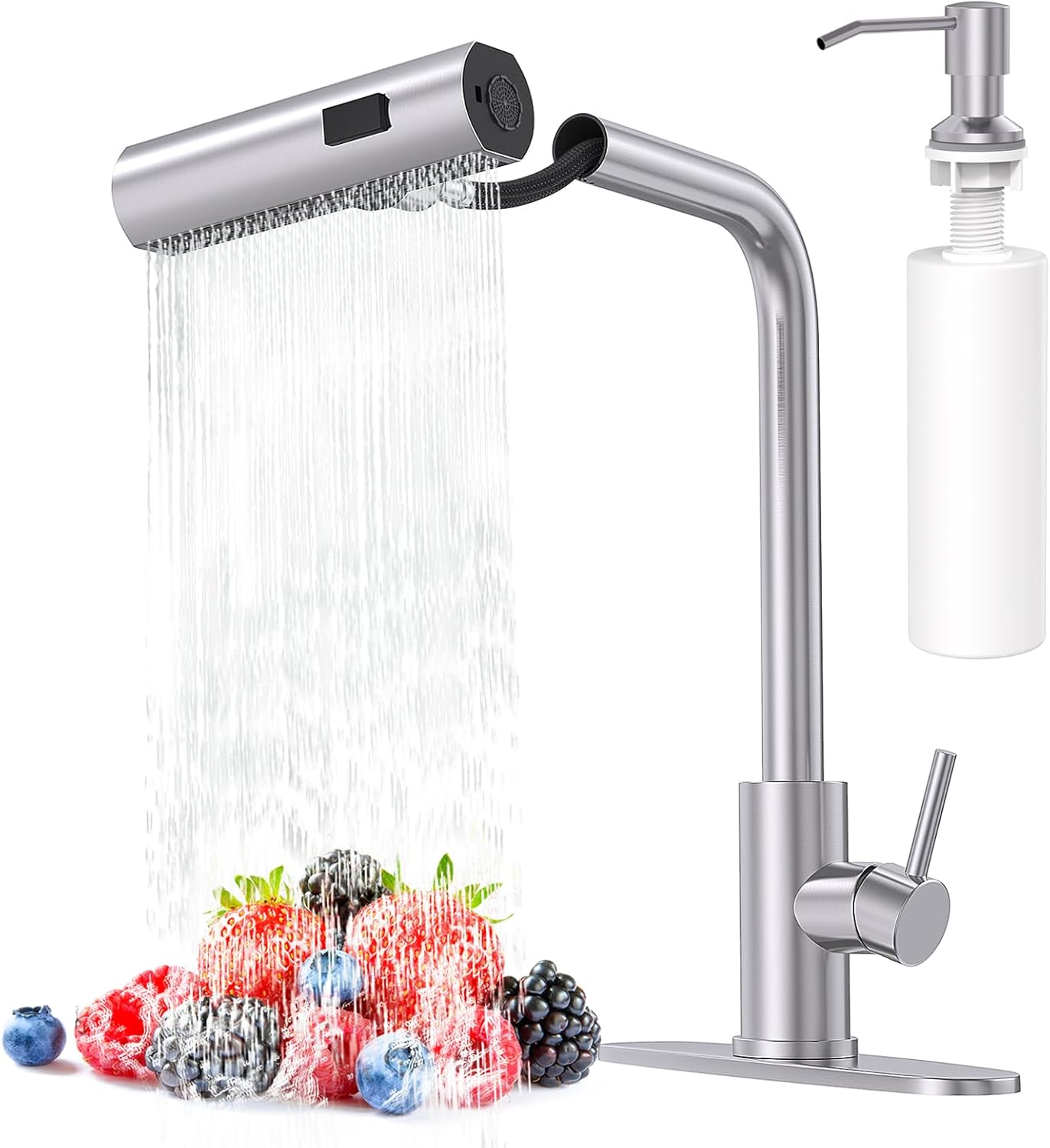 AVSIILE Brushed Nickel Kitchen Faucets with Pull Down Sprayer & Soap Dispenser, Single Hole & Handle, Pull Out Tap, Waterfall Stainless Steel Sink Faucet for Farmhouse Camper Laundry Rv Bar