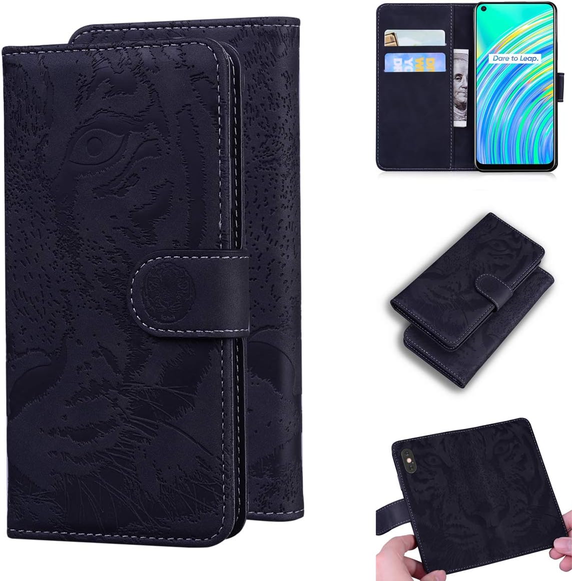 LMFULM® Case for Realme C17 / Realme 7i (6.5 Inch) PU Leather Cover Magnetic Wallet Case Phone Protective Case Tiger Print Stent Function Flip Case Black