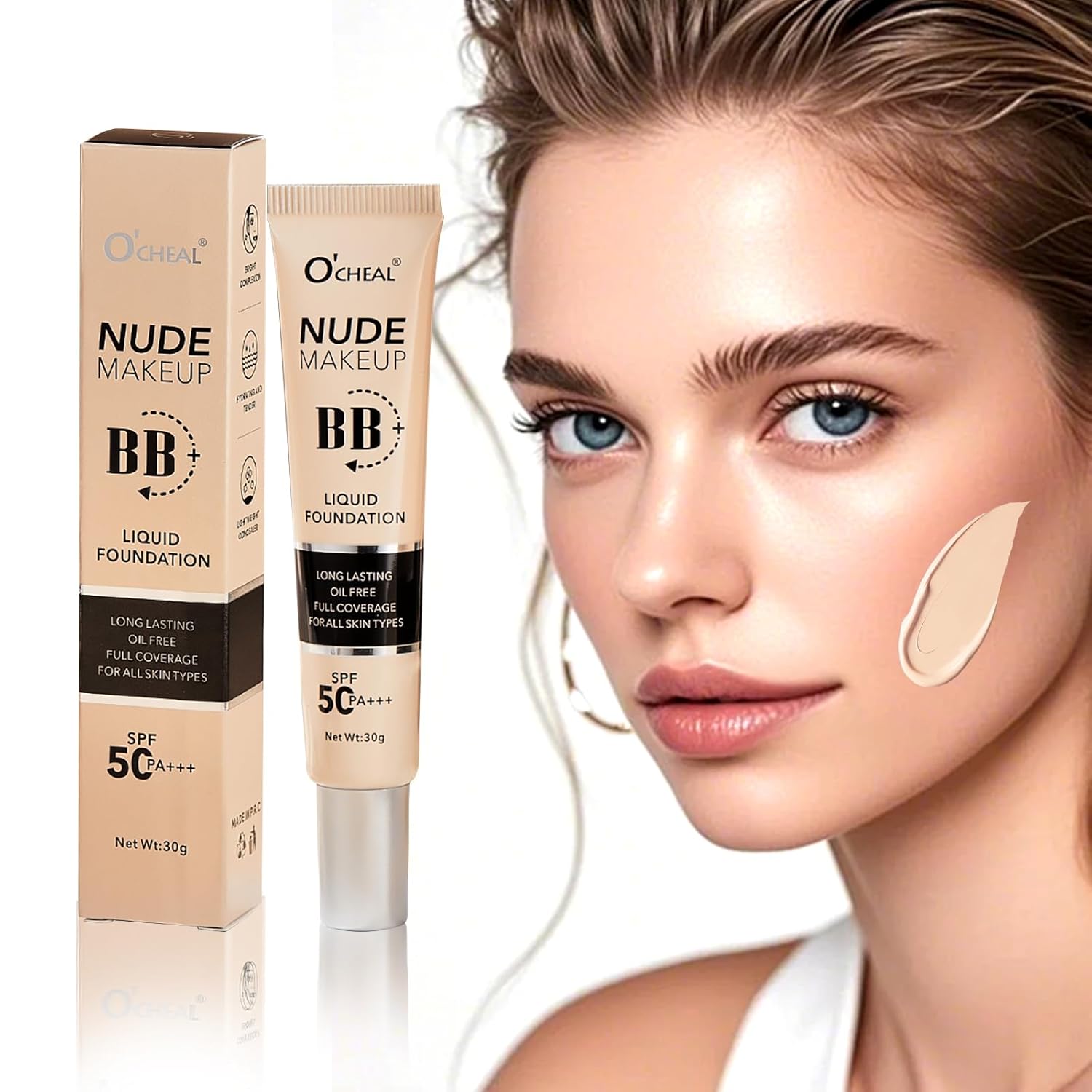 O'CHEAL BB Cream with SPF 50+ | Full Coverage Tinted Moisturizer with Buildable Concealer Powder Foundation, Oil-Free, Hydrating & Matte Finish | Vegan, Cruelty-Free, for All Skin Types(Ivory)