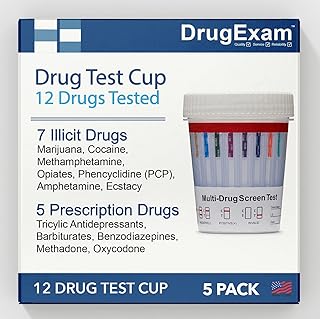 5 Pack - DrugExam 12 Panel Drug Test Cup Kit with Temperature Strip-Testing Marijuana THC50/AMP500/BAR300/BZO300/COC150/MDMA500/MET500/MTD300/OPI300/OXY100/PCP25/TCA1000.Urine Test.