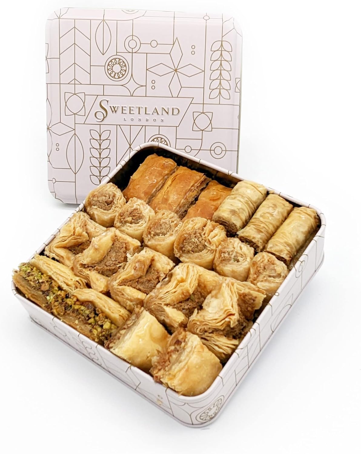 Sweet Land Vegan Baklava Selection - 500g Pack | Handmade Traditional Lebanese Baklava | Ramadan, Mother's Day, Easter, Eid & Birthday | Mixed Tray with Almond & Cashew Nuts | UK Made | Tin Gift Box