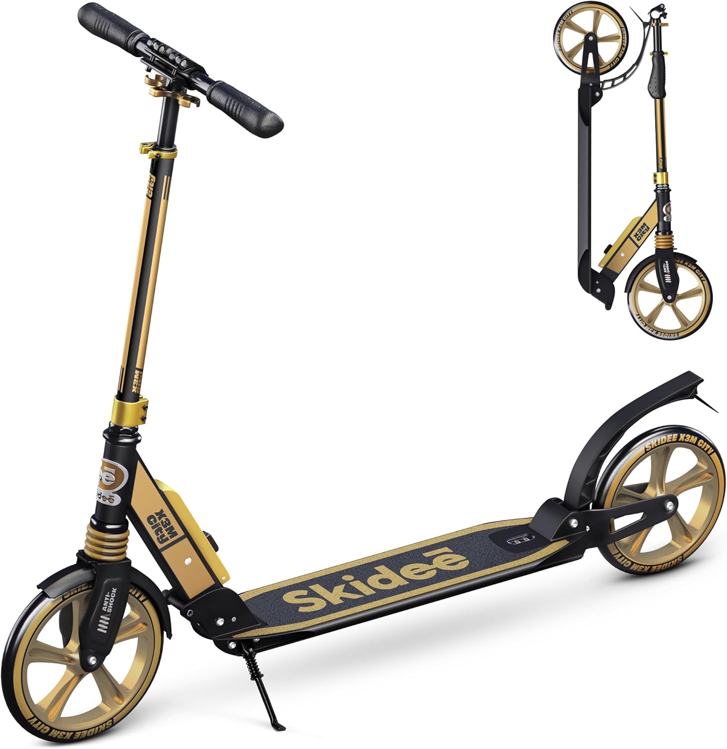 Skidee Adult & Teen Scooter Adjustable Height, Folding, Large Wheels, Lightweight, Durable, Anti-Shock Suspension, Up to 220 lbs