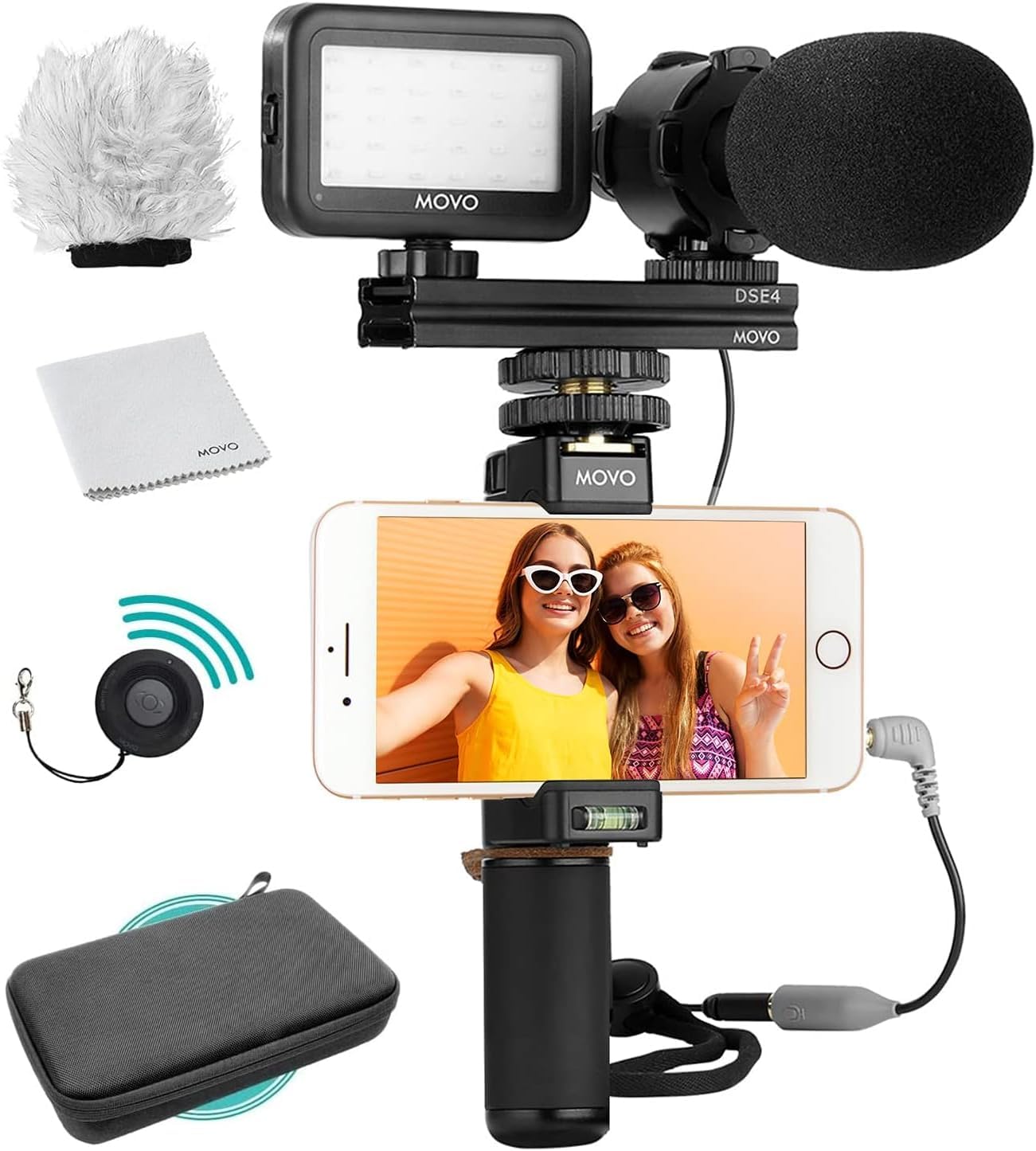 Movo Vlog Kit V7 - YouTube Starter Kit with Grip, Stereo Microphone, Light and Wireless Remote Vlogging Kit for iPhone for YouTube, TikTok, Vlogging Equipment for iPhone/Android - iPhone Vlogging Kit