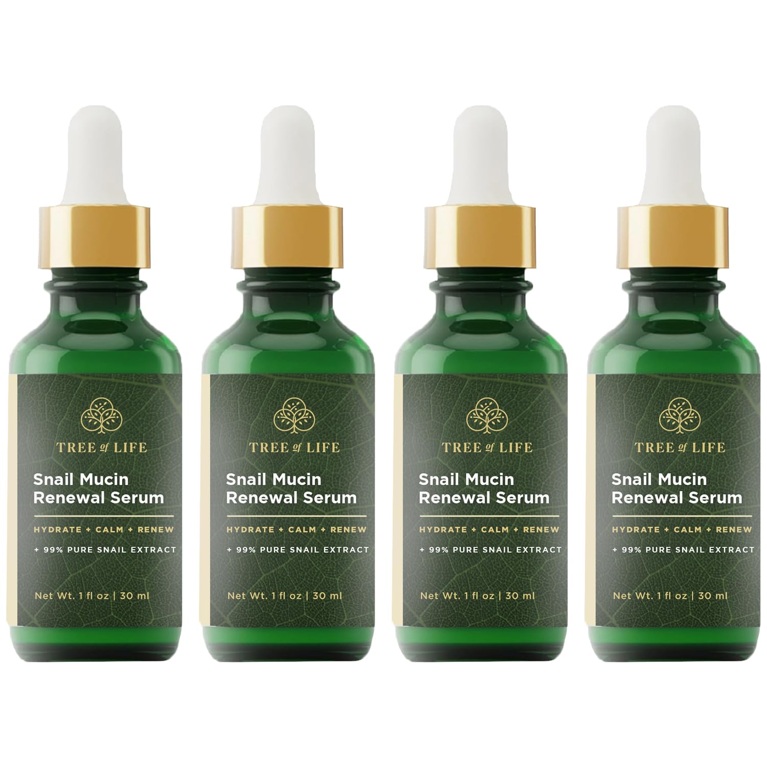 Tree of Life Beauty Hydrating Facial Serum - Advanced Snail Mucin 99% Pure Extract - Moisturizer for Hydration and Regeneration, Reduces Fine Lines - Gentle on Sensitive Skin - 4 Pack, 1 Fl Oz Each