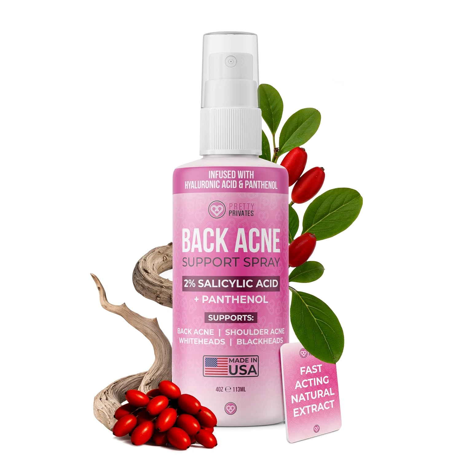 Pretty Privates Back Acne Treatment Spray – Back Acne Scar Remover with 2% Salicylic Acid Body Acne Spray for Bacne, Butt Acne, Quick-Drying, Fights Breakouts