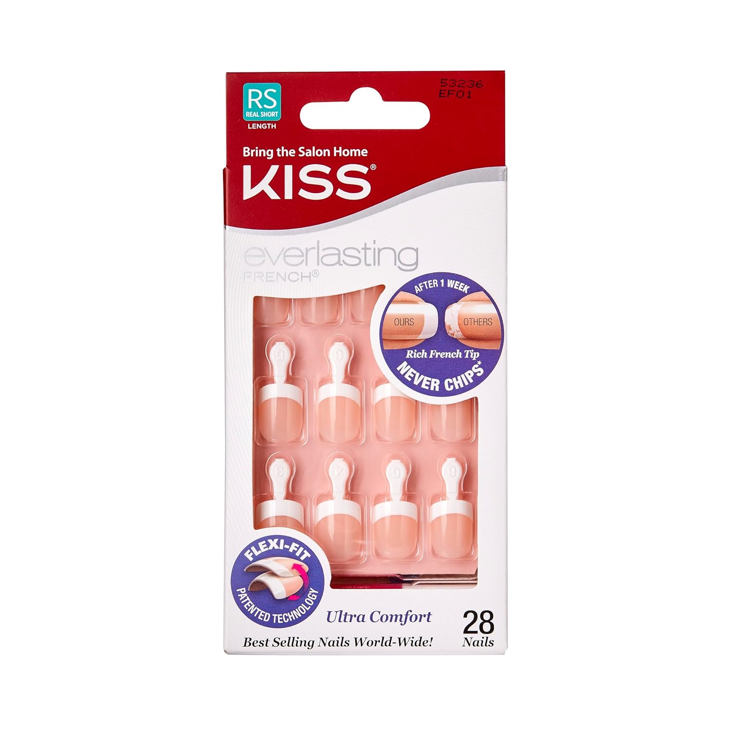Kiss Everlasting French Nail Manicure, Chip-Free with Flexi-Fit Technology, Real Short, "Endless", Nail Kit with Pink Nail Glue (Net Wt. 2 g / 0.07oz.), Mini File, Manicure Stick, and 28 Fake Nails