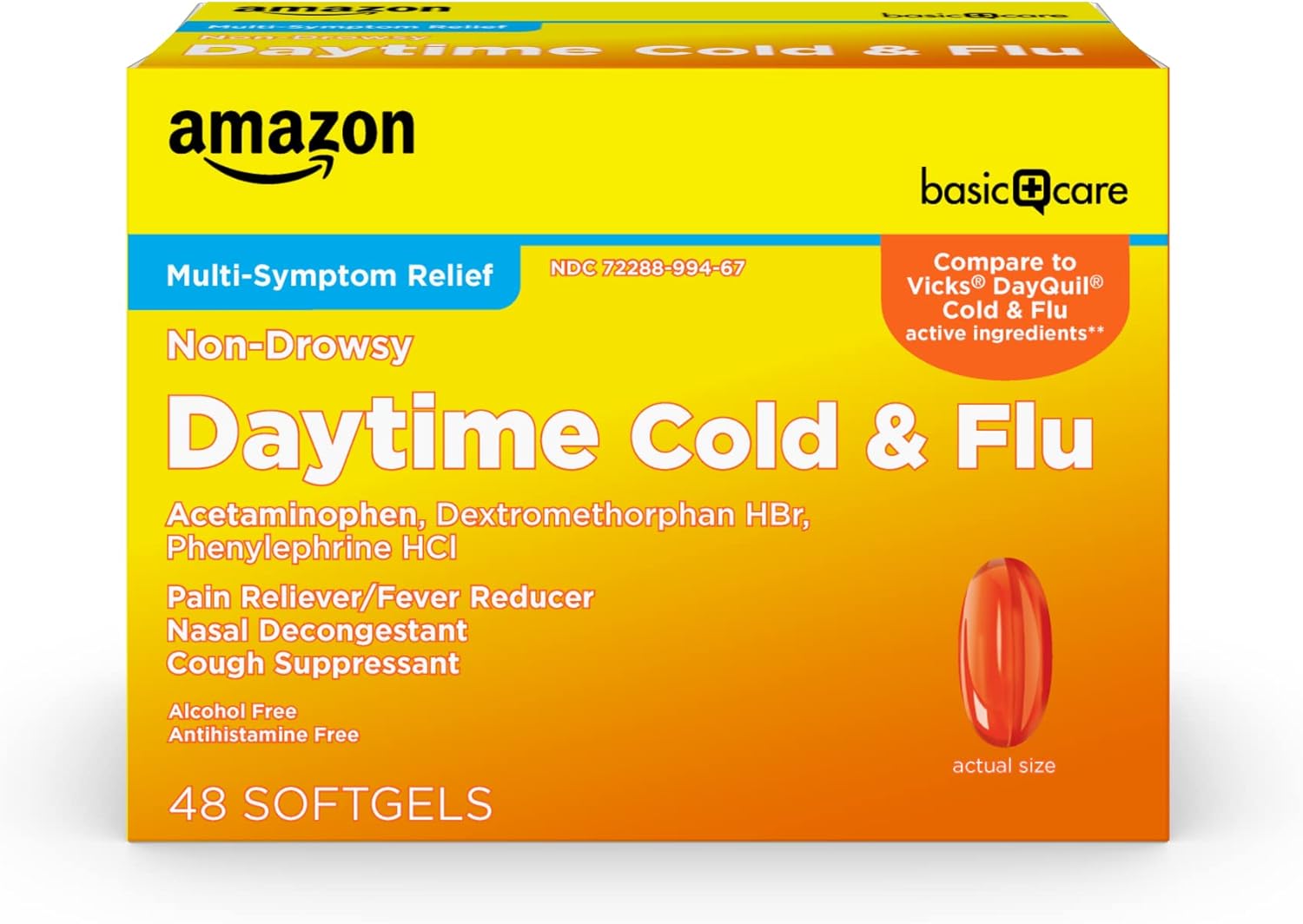 Amazon Basic Care Daytime Cold and Flu Relief Liquid Caps Softgel, Non-Drowsy Cold Medicine, Relief of Pain, Fever, Cough, Sore Throat, Nasal Congestion, 48 Count
